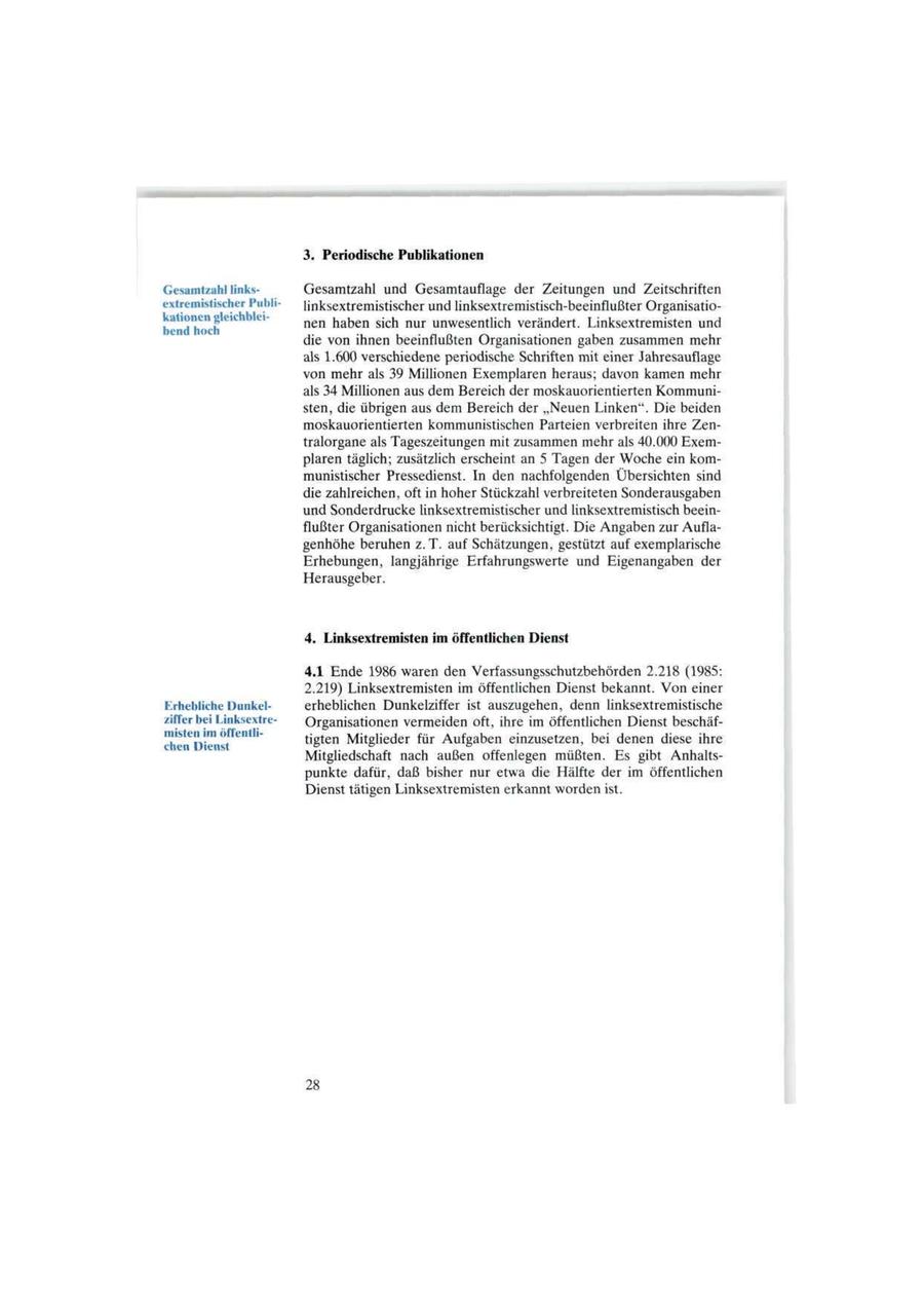 3. Periodische Publikationen Gesamtzahl linksGesamtzahl und Gesamtauflage der Zeitungen und Zeitschriften extremistischer Publi linksextremistischer und linksextremistisch-beeinflußter Organisatiokationen gleichbleinen haben sich nur unwesentlich verändert. Linksextremisten und bend hoch die von ihnen beeinflußten Organisationen gaben zusammen mehr als 1.600 verschiedene periodische Schriften mit einer Jahresauflage von mehr als 39 Millionen Exemplaren heraus; davon kamen mehr als 34 Millionen aus dem Bereich der moskauorientierten Kommunisten, die übrigen aus dem Bereich der "Neuen Linken". Die beiden moskauorientierten kommunistischen Parteien verbreiten ihre Zentralorgane als Tageszeitungen mit zusammen mehr als 40.000 Exemplaren täglich; zusätzlich erscheint an 5 Tagen der Woche ein kommunistischer Pressedienst. In den nachfolgenden Übersichten sind die zahlreichen, oft in hoher Stückzahl verbreiteten Sonderausgaben und Sonderdrucke linksextremistischer und linksextremistisch beeinflußter Organisationen nicht berücksichtigt. Die Angaben zur Auflagenhöhe beruhen z.T. auf Schätzungen, gestützt auf exemplarische Erhebungen, langjährige Erfahrungswerte und Eigenangaben der Herausgeber. 4. Linksextremisten im öffentlichen Dienst 4.1 Ende 1986 waren den Verfassungsschutzbehörden 2.218 (1985: 2.219) Linksextremisten im öffentlichen Dienst bekannt. Von einer Erhebliche Dunkelerheblichen Dunkelziffer ist auszugehen, denn linksextremistische ziffer bei LinksextreOrganisationen vermeiden oft, ihre im öffentlichen Dienst beschäfmisten im öffentlitigten Mitglieder für Aufgaben einzusetzen, bei denen diese ihre chen Dienst Mitgliedschaft nach außen offenlegen müßten. Es gibt Anhaltspunkte dafür, daß bisher nur etwa die Hälfte der im öffentlichen Dienst tätigen Linksextremisten erkannt worden ist.
