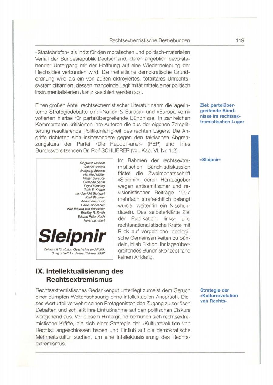 Rechtsextremistische Bestrebungen 119 **Staatsbriefen" als Indiz für den moralischen und politisch-materiellen Verfall der Bundesrepublik Deutschland, deren angeblich bevorstehender Untergang mit der Hoffnung auf eine Wiederbelebung der Reichsidee verbunden wird. Die freiheitliche demokratische Grundordnung wird als ein von außen oktroyiertes , totalitäres Unrechtssystem diffamiert, dessen mangelnde Legitimität mittels einer politisch instrumentalisierten Justiz kaschiert werden soll. Einen großen Anteil rechtsextremistischer Literatur nahm die lagerinZiel: parteiüberterne Strategiedebatte ein: "Nation & Europa" und "Europa vorn" greifende Bündvotierten hierbei für parteiübergreifende Bündnisse. ln zahlreichen nisse im rechtsextremistischen Lager Kommentaren kritisierten ihre Autoren die aus der eigenen Zersplitterung resultierende Politikunfähigkeit des rechten Lagers. Die Angriffe richteten sich insbesondere gegen den taktischen Abgrenzungskurs der Partei "Die Republikaner" (REP) und ihres Bundesvorsitzenden Dr. Rolf SCHLIERER (vgl. Kap. VI, Nr. 1.2). Im Rahmen der rechtsextre"Sieipnir" Siegtraut Tesdorff Gabrief Andres mistischen Bündnisdiskussion Wolfgang Strauss Hanfried Müller fristet die Zweimonatsschrift Roger Garaudy Susanne Sarial "Sieipnir", deren Herausgeber Rigolt Henning wegen antisemitischer und reTarik E. Knapp Landgericht Stuffgart visionistischer Beiträge 1997 Paul Strohner Annemarie Kunz mehrfach strafrechtlich belangt Harun Abdel Nur wurde, weiterhin ein NischenKarl Eduard von Schnitz/er Bradley R. Smith dasein. Das selbsterklärte Ziel Eduard Peter Koch Horst Lummert der Publikation , linksund rechtsnationalistische Kräfte mit Sleipnir Blick auf vorgebliche ideologische Gemeinsamkeiten zu bündeln, blieb Fiktion. Ihr lagerüberZeitschrift für Kultur, Geschichte und Politik 3. Jg. * Heft 1 * Januar/Februar 1997 greifendes Bündniskonzept fand keinen Anklang. IX. lntellektualisierung des Rechtsextremismus Rechtsextremistisches Gedankengut unterliegt zumeist dem Geruch Strategie der einer dumpfen Weltanschauung ohne intellektuellen Anspruch. Die"Kulturrevolution von Rechts" ses Werturteil verwehrt seinen Protagonisten den Zugang zu seriösen Debatten und schließt ihre Einflußnahme auf den politischen Diskurs weitgehend aus . Vor diesem Hintergrund bemühen sich rechtsextremistische Kräfte, die sich einer Strategie der "Kulturrevolution von Rechts" angeschlossen haben und Einfluß auf die demokratische Mehrheitskultur suchen, um eine lntellektualisierung des Rechtsextremismus.