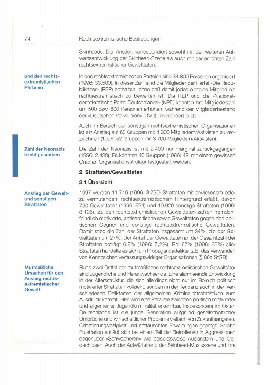 74 Rechtsextremistische Bestrebungen Skinheads. Der Anstieg korrespondiert sowohl mit der weiteren Aufwärtsentwicklung der Skinhead-Szene als auch mit der erhöhten Zahl rechtsextremistischer Gewalttaten . und den rechtsln den rechtsextremistischen Parteien sind 34.800 Personen organisiert extremistischen (1996 : 33 .500) . ln dieser Zahl sind die Mitglieder der Partei "Die RepuParteien blikaner" (REP) enthalten , ohne daß damit jedes einzelne Mitglied als rechtsextremistisch zu bewerten ist. Die REP und die "Nationaldemokratische Partei Deutschlands" (NPD) konnten ihre Mitgliederzahl um 500 bzw. 800 Personen erhöhen , während der Mitgliederbestand der "Deutschen Volksunion" (DVU) unverändert blieb . Auch im Bereich der sonstigen rechtsextremistischen Organisationen ist ein Anstieg auf 63 Gruppen mit 4.300 Mitgliedern/Aktivisten zu verzeichnen (1996: 52 Gruppen mit 3. 700 Mitgliedern/ Aktivisten). Zahl der Neonazis Die Zahl der Neonazis ist mit 2.400 nur marginal zurückgegangen leicht gesunken (1996: 2.420). Es konnten 40 Gruppen (1996: 48) mit einem gewissen Grad an Organisationsstruktur festgestellt werden. 2. Straftaten/ Gewalttaten 2.1 Übersicht Anstieg der Gewalt1997 wurden 11. 719 (1996: 8. 730) Straftaten mit erwiesenem oder und sonstigen zu vermutendem rechtsextremistischem Hintergrund eriaßt , davon Straftaten 790 Gewalttaten (1996: 624) und 10.929 sonstige Straftaten (1996: 8.1 06) . Zu den rechtsextremistischen Gewalttaten zählen fremden - feindlich motivierte, antisemitische sowie Gewalttaten gegen den politischen Gegner und sonstige rechtsextremistische Gewalttaten. Damit stieg die Zahl der Straftaten insgesamt um 34 %, die der Gewalttaten um 27% . Der Anteil der Gewalttaten an der Gesamtzahl der Straftaten beträgt 6,8% (1996: 7 ,2%). Bei 67 % (1996: 65%) aller Straftaten handelte es sich um Propagandadelikte, z.B. das Verwenden von Kennzeichen verfassungswidriger Organisationen (SS 86a StGB). Mutmaßliche Rund zwei Drittel der mutmaßlichen rechtsextremistischen Gewalttäter Ursachen für den sind Jugendliche und Heranwachsende. Eine alarmierende Entwicklung Anstieg rechtsin der Altersstruktur, die sich allerdings nicht nur im Bereich politisch extremistischer motivierter Straftaten vollzieht , sondern in der Tendenz auch in den verGewalt schiedenen Deliktarten der allgemeinen Kriminalitätsstatistiken zum Ausdruck kommt. Hier wird eine Parallele zwischen politisch motivierter und allgemeiner Jugendkriminalität erkennbar. Insbesondere im Osten Deutschlands ist die junge Generation aufgrund gesellschaftlicher Umbrüche und wirtschaftlicher Probleme vielfach von Zukunftsängsten , Orientierungslosigkeit und enttäuschten Erwartungen geprägt. Solche Frustration entlädt sich bei einem Teil der Betroffenen in Aggressionen gegenüber **Schwächeren" wie beispielsweise Ausländern und Obdachlosen. Auch der Aufwärtstrend der Skinhead-Musikszene und ihre