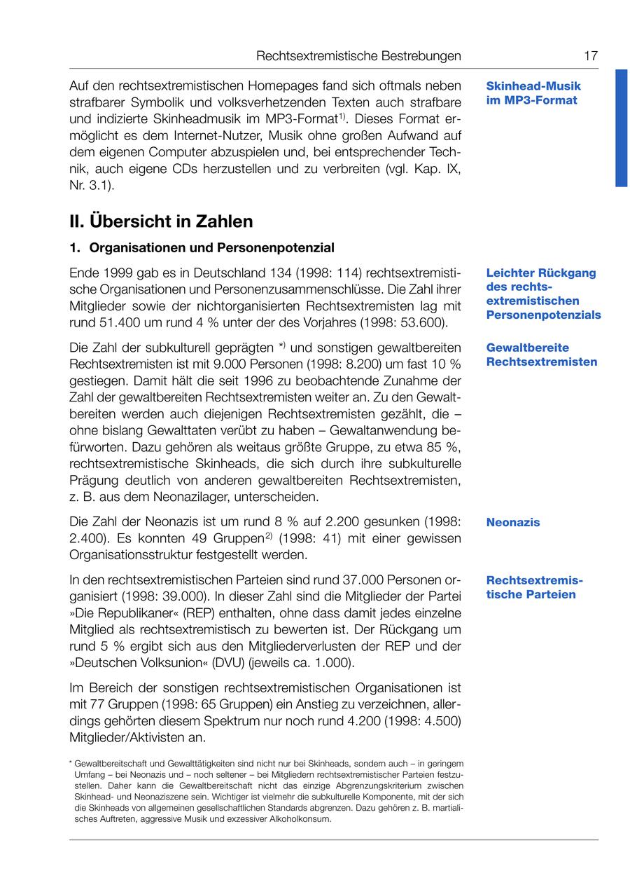 Rechtsextremistische Bestrebungen 17 Auf den rechtsextremistischen Homepages fand sich oftmals neben Skinhead-Musik strafbarer Symbolik und volksverhetzenden Texten auch strafbare im MP3-Format und indizierte Skinheadmusik im MP3-Format1). Dieses Format er möglicht es dem Internet-Nutzer, Musik ohne großen Aufwand auf dem eigenen Computer abzuspielen und, bei entsprechender Tech nik, auch eigene CDs herzustellen und zu verbreiten (vgl. Kap. IX, Nr. 3.1). II. Übersicht in Zahlen 1. Organisationen und Personenpotenzial Ende 1999 gab es in Deutschland 134 (1998: 114) rechtsextremisti Leichter Rückgang sche Organisationen und Personenzusammenschlüsse. Die Zahl ihrer des rechts Mitglieder sowie der nichtorganisierten Rechtsextremisten lag mit extremistischen Personenpotenzials rund 51.400 um rund 4 % unter der des Vorjahres (1998: 53.600). Die Zahl der subkulturell geprägten *) und sonstigen gewaltbereiten Gewaltbereite Rechtsextremisten ist mit 9.000 Personen (1998: 8.200) um fast 10 % Rechtsextremisten gestiegen. Damit hält die seit 1996 zu beobachtende Zunahme der Zahl der gewaltbereiten Rechtsextremisten weiter an. Zu den Gewaltbereiten werden auch diejenigen Rechtsextremisten gezählt, die - ohne bislang Gewalttaten verübt zu haben - Gewaltanwendung be fürworten. Dazu gehören als weitaus größte Gruppe, zu etwa 85 %, rechtsextremistische Skinheads, die sich durch ihre subkulturelle Prägung deutlich von anderen gewaltbereiten Rechtsextremisten, z. B. aus dem Neonazilager, unterscheiden. Die Zahl der Neonazis ist um rund 8 % auf 2.200 gesunken (1998: Neonazis 2.400). Es konnten 49 Gruppen 2) (1998: 41) mit einer gewissen Organisationsstruktur festgestellt werden. In den rechtsextremistischen Parteien sind rund 37.000 Personen or Rechtsextremis ganisiert (1998: 39.000). In dieser Zahl sind die Mitglieder der Partei tische Parteien "Die Republikaner" (REP) enthalten, ohne dass damit jedes einzelne Mitglied als rechtsextremistisch zu bewerten ist. Der Rückgang um rund 5 % ergibt sich aus den Mitgliederverlusten der REP und der "Deutschen Volksunion" (DVU) (jeweils ca. 1.000). Im Bereich der sonstigen rechtsextremistischen Organisationen ist mit 77 Gruppen (1998: 65 Gruppen) ein Anstieg zu verzeichnen, aller dings gehörten diesem Spektrum nur noch rund 4.200 (1998: 4.500) Mitglieder/Aktivisten an. * Gewaltbereitschaft und Gewalttätigkeiten sind nicht nur bei Skinheads, sondern auch - in geringem Umfang - bei Neonazis und - noch seltener - bei Mitgliedern rechtsextremistischer Parteien festzu stellen. Daher kann die Gewaltbereitschaft nicht das einzige Abgrenzungskriterium zwischen Skinheadund Neonaziszene sein. Wichtiger ist vielmehr die subkulturelle Komponente, mit der sich die Skinheads von allgemeinen gesellschaftlichen Standards abgrenzen. Dazu gehören z. B. martiali sches Auftreten, aggressive Musik und exzessiver Alkoholkonsum.