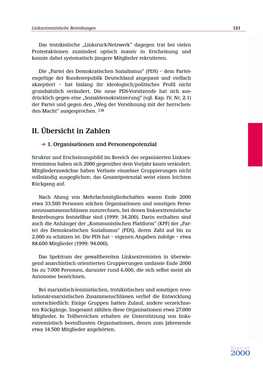 Linksextremistische Bestrebungen 121 Das trotzkistische "Linksruck-Netzwerk" dagegen trat bei vielen Protestaktionen zumindest optisch massiv in Erscheinung und konnte dabei systematisch jüngere Mitglieder rekrutieren. Die "Partei des Demokratischen Sozialismus" (PDS) - dem Parteiengefüge der Bundesrepublik Deutschland angepasst und vielfach akzeptiert - hat bislang ihr ideologisch/politisches Profil nicht grundsätzlich verändert. Die neue PDS-Vorsitzende hat sich ausdrücklich gegen eine "Sozialdemokratisierung" (vgl. Kap. IV, Nr. 2.1) der Partei und gegen den "Weg der Versöhnung mit der herrschenden Macht" ausgesprochen. 138 II. Übersicht in Zahlen 1. Organisationen und Personenpotenzial Struktur und Erscheinungsbild im Bereich des organisierten Linksextremismus haben sich 2000 gegenüber dem Vorjahr kaum verändert. Mitgliederzuwächse haben Verluste einzelner Gruppierungen nicht vollständig ausgeglichen; das Gesamtpotenzial weist einen leichten Rückgang auf. Nach Abzug von Mehrfachmitgliedschaften waren Ende 2000 etwa 33.500 Personen solchen Organisationen und sonstigen Personenzusammenschlüssen zuzurechnen, bei denen linksextremistische Bestrebungen feststellbar sind (1999: 34.200). Darin enthalten sind auch die Anhänger der "Kommunistischen Plattform" (KPF) der "Partei des Demokratischen Sozialismus" (PDS), deren Zahl auf bis zu 2.000 zu schätzen ist. Die PDS hat - eigenen Angaben zufolge - etwa 88.600 Mitglieder (1999: 94.000). Das Spektrum der gewaltbereiten Linksextremisten in überwiegend anarchistisch orientierten Gruppierungen umfasste Ende 2000 bis zu 7.000 Personen, darunter rund 6.000, die sich selbst meist als Autonome bezeichnen. Bei marxistisch-leninistischen, trotzkistischen und sonstigen revolutionär-marxistischen Zusammenschlüssen verlief die Entwicklung unterschiedlich: Einige Gruppen hatten Zulauf, andere verzeichneten Rückgänge. Insgesamt zählten diese Organisationen etwa 27.000 Mitglieder. In Teilbereichen erhalten sie Unterstützung von linksextremistisch beeinflussten Organisationen, denen zum Jahresende etwa 14.500 Mitglieder angehörten. Bericht 2000