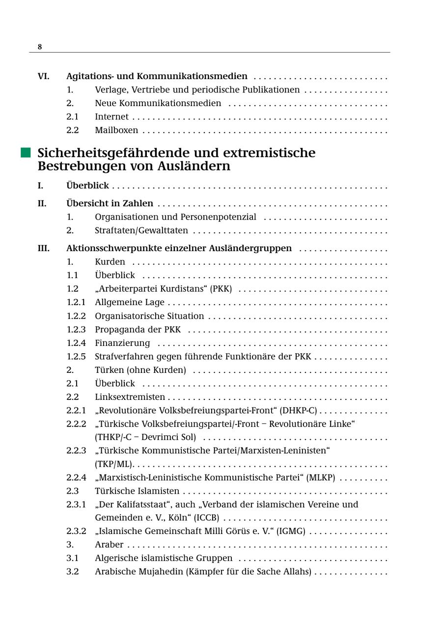 8 VI. Agitationsund Kommunikationsmedien . . . . . . . . . . . . . . . . . . . . . . . . . . . 1. Verlage, Vertriebe und periodische Publikationen . . . . . . . . . . . . . . . . . 2. Neue Kommunikationsmedien . . . . . . . . . . . . . . . . . . . . . . . . . . . . . . . . 2.1 Internet . . . . . . . . . . . . . . . . . . . . . . . . . . . . . . . . . . . . . . . . . . . . . . . . . . . 2.2 Mailboxen . . . . . . . . . . . . . . . . . . . . . . . . . . . . . . . . . . . . . . . . . . . . . . . . . Sicherheitsgefährdende und extremistische Bestrebungen von Ausländern I. Überblick . . . . . . . . . . . . . . . . . . . . . . . . . . . . . . . . . . . . . . . . . . . . . . . . . . . . . . . II. Übersicht in Zahlen . . . . . . . . . . . . . . . . . . . . . . . . . . . . . . . . . . . . . . . . . . . . . . 1. Organisationen und Personenpotenzial . . . . . . . . . . . . . . . . . . . . . . . . . 2. Straftaten/Gewalttaten . . . . . . . . . . . . . . . . . . . . . . . . . . . . . . . . . . . . . . . III. Aktionsschwerpunkte einzelner Ausländergruppen . . . . . . . . . . . . . . . . . . 1. Kurden . . . . . . . . . . . . . . . . . . . . . . . . . . . . . . . . . . . . . . . . . . . . . . . . . . . 1.1 Überblick . . . . . . . . . . . . . . . . . . . . . . . . . . . . . . . . . . . . . . . . . . . . . . . . . 1.2 "Arbeiterpartei Kurdistans" (PKK) . . . . . . . . . . . . . . . . . . . . . . . . . . . . . . 1.2.1 Allgemeine Lage . . . . . . . . . . . . . . . . . . . . . . . . . . . . . . . . . . . . . . . . . . . . 1.2.2 Organisatorische Situation . . . . . . . . . . . . . . . . . . . . . . . . . . . . . . . . . . . . 1.2.3 Propaganda der PKK . . . . . . . . . . . . . . . . . . . . . . . . . . . . . . . . . . . . . . . . 1.2.4 Finanzierung . . . . . . . . . . . . . . . . . . . . . . . . . . . . . . . . . . . . . . . . . . . . . . 1.2.5 Strafverfahren gegen führende Funktionäre der PKK . . . . . . . . . . . . . . . 2. Türken (ohne Kurden) . . . . . . . . . . . . . . . . . . . . . . . . . . . . . . . . . . . . . . . 2.1 Überblick . . . . . . . . . . . . . . . . . . . . . . . . . . . . . . . . . . . . . . . . . . . . . . . . . 2.2 Linksextremisten . . . . . . . . . . . . . . . . . . . . . . . . . . . . . . . . . . . . . . . . . . . . 2.2.1 "Revolutionäre Volksbefreiungspartei-Front" (DHKP-C) . . . . . . . . . . . . . . 2.2.2 "Türkische Volksbefreiungspartei/-Front - Revolutionäre Linke" (THKP/-C - Devrimci Sol) . . . . . . . . . . . . . . . . . . . . . . . . . . . . . . . . . . . . . 2.2.3 "Türkische Kommunistische Partei/Marxisten-Leninisten" (TKP/ML). . . . . . . . . . . . . . . . . . . . . . . . . . . . . . . . . . . . . . . . . . . . . . . . . . . 2.2.4 "Marxistisch-Leninistische Kommunistische Partei" (MLKP) . . . . . . . . . . 2.3 Türkische Islamisten . . . . . . . . . . . . . . . . . . . . . . . . . . . . . . . . . . . . . . . . . 2.3.1 "Der Kalifatsstaat", auch "Verband der islamischen Vereine und Gemeinden e. V., Köln" (ICCB) . . . . . . . . . . . . . . . . . . . . . . . . . . . . . . . . . 2.3.2 "Islamische Gemeinschaft Milli Görüs e. V." (IGMG) . . . . . . . . . . . . . . . . 3. Araber . . . . . . . . . . . . . . . . . . . . . . . . . . . . . . . . . . . . . . . . . . . . . . . . . . . . 3.1 Algerische islamistische Gruppen . . . . . . . . . . . . . . . . . . . . . . . . . . . . . . 3.2 Arabische Mujahedin (Kämpfer für die Sache Allahs) . . . . . . . . . . . . . . .