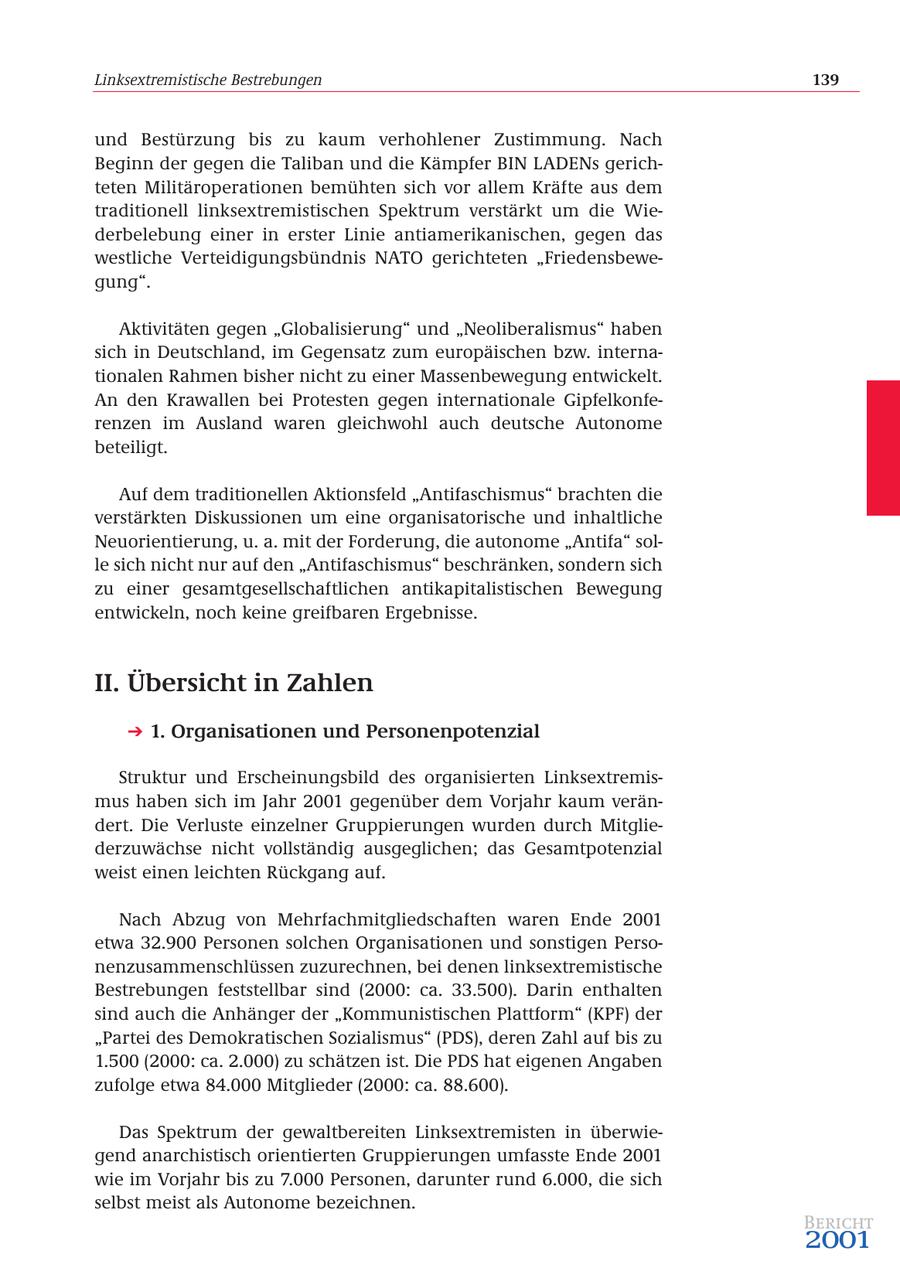 Linksextremistische Bestrebungen 139 und Bestürzung bis zu kaum verhohlener Zustimmung. Nach Beginn der gegen die Taliban und die Kämpfer BIN LADENs gerichteten Militäroperationen bemühten sich vor allem Kräfte aus dem traditionell linksextremistischen Spektrum verstärkt um die Wiederbelebung einer in erster Linie antiamerikanischen, gegen das westliche Verteidigungsbündnis NATO gerichteten "Friedensbewegung". Aktivitäten gegen "Globalisierung" und "Neoliberalismus" haben sich in Deutschland, im Gegensatz zum europäischen bzw. internationalen Rahmen bisher nicht zu einer Massenbewegung entwickelt. An den Krawallen bei Protesten gegen internationale Gipfelkonferenzen im Ausland waren gleichwohl auch deutsche Autonome beteiligt. Auf dem traditionellen Aktionsfeld "Antifaschismus" brachten die verstärkten Diskussionen um eine organisatorische und inhaltliche Neuorientierung, u. a. mit der Forderung, die autonome "Antifa" solle sich nicht nur auf den "Antifaschismus" beschränken, sondern sich zu einer gesamtgesellschaftlichen antikapitalistischen Bewegung entwickeln, noch keine greifbaren Ergebnisse. II. Übersicht in Zahlen 1. Organisationen und Personenpotenzial Struktur und Erscheinungsbild des organisierten Linksextremismus haben sich im Jahr 2001 gegenüber dem Vorjahr kaum verändert. Die Verluste einzelner Gruppierungen wurden durch Mitgliederzuwächse nicht vollständig ausgeglichen; das Gesamtpotenzial weist einen leichten Rückgang auf. Nach Abzug von Mehrfachmitgliedschaften waren Ende 2001 etwa 32.900 Personen solchen Organisationen und sonstigen Personenzusammenschlüssen zuzurechnen, bei denen linksextremistische Bestrebungen feststellbar sind (2000: ca. 33.500). Darin enthalten sind auch die Anhänger der "Kommunistischen Plattform" (KPF) der "Partei des Demokratischen Sozialismus" (PDS), deren Zahl auf bis zu 1.500 (2000: ca. 2.000) zu schätzen ist. Die PDS hat eigenen Angaben zufolge etwa 84.000 Mitglieder (2000: ca. 88.600). Das Spektrum der gewaltbereiten Linksextremisten in überwiegend anarchistisch orientierten Gruppierungen umfasste Ende 2001 wie im Vorjahr bis zu 7.000 Personen, darunter rund 6.000, die sich selbst meist als Autonome bezeichnen. Bericht 2001