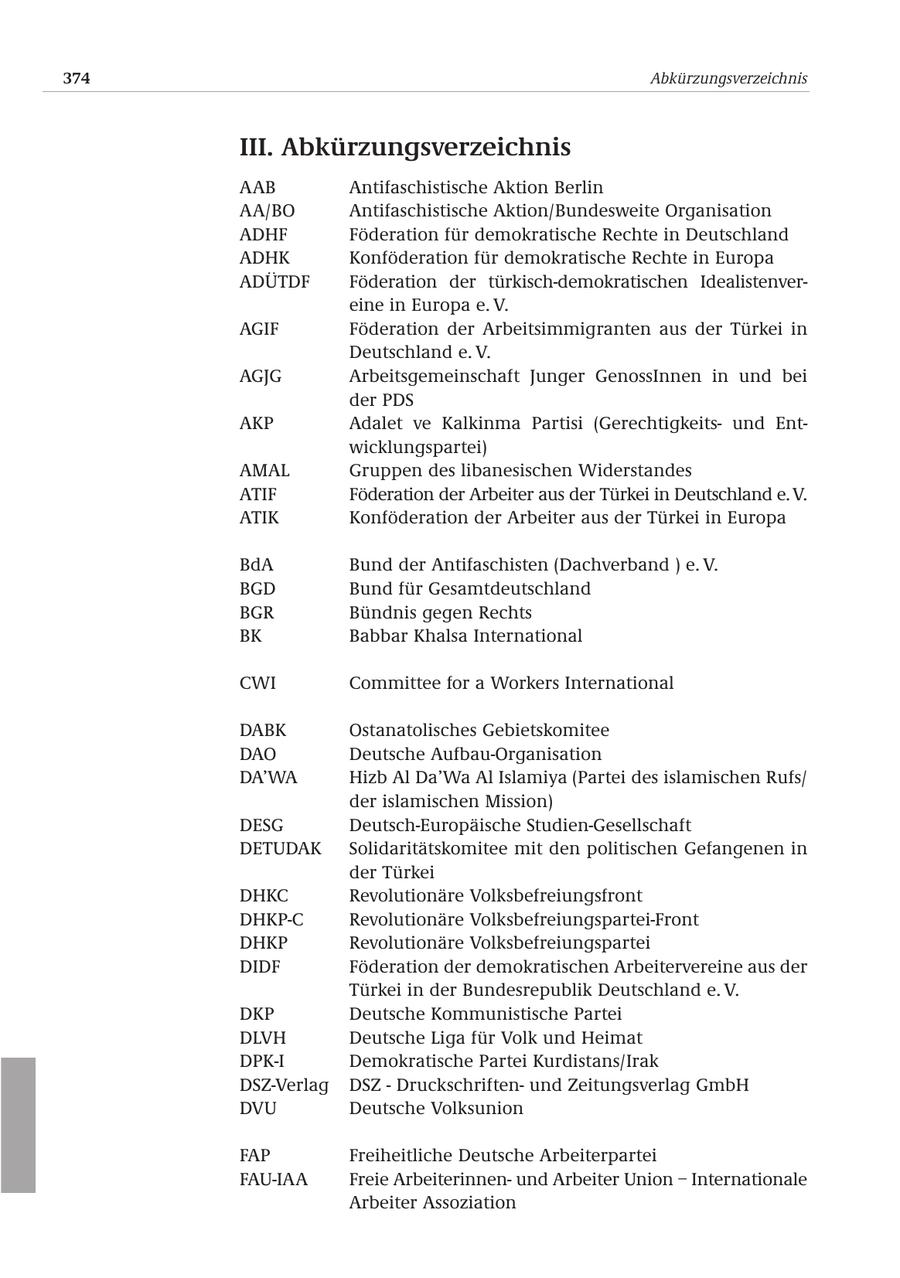 374 Abkürzungsverzeichnis III. Abkürzungsverzeichnis AAB Antifaschistische Aktion Berlin AA/BO Antifaschistische Aktion/Bundesweite Organisation ADHF Föderation für demokratische Rechte in Deutschland ADHK Konföderation für demokratische Rechte in Europa ADÜTDF Föderation der türkisch-demokratischen Idealistenvereine in Europa e. V. AGIF Föderation der Arbeitsimmigranten aus der Türkei in Deutschland e. V. AGJG Arbeitsgemeinschaft Junger GenossInnen in und bei der PDS AKP Adalet ve Kalkinma Partisi (Gerechtigkeitsund Entwicklungspartei) AMAL Gruppen des libanesischen Widerstandes ATIF Föderation der Arbeiter aus der Türkei in Deutschland e. V. ATIK Konföderation der Arbeiter aus der Türkei in Europa BdA Bund der Antifaschisten (Dachverband ) e. V. BGD Bund für Gesamtdeutschland BGR Bündnis gegen Rechts BK Babbar Khalsa International CWI Committee for a Workers International DABK Ostanatolisches Gebietskomitee DAO Deutsche Aufbau-Organisation DA'WA Hizb Al Da'Wa Al Islamiya (Partei des islamischen Rufs/ der islamischen Mission) DESG Deutsch-Europäische Studien-Gesellschaft DETUDAK Solidaritätskomitee mit den politischen Gefangenen in der Türkei DHKC Revolutionäre Volksbefreiungsfront DHKP-C Revolutionäre Volksbefreiungspartei-Front DHKP Revolutionäre Volksbefreiungspartei DIDF Föderation der demokratischen Arbeitervereine aus der Türkei in der Bundesrepublik Deutschland e. V. DKP Deutsche Kommunistische Partei DLVH Deutsche Liga für Volk und Heimat DPK-I Demokratische Partei Kurdistans/Irak DSZ-Verlag DSZ - Druckschriftenund Zeitungsverlag GmbH DVU Deutsche Volksunion FAP Freiheitliche Deutsche Arbeiterpartei FAU-IAA Freie Arbeiterinnenund Arbeiter Union - Internationale Arbeiter Assoziation