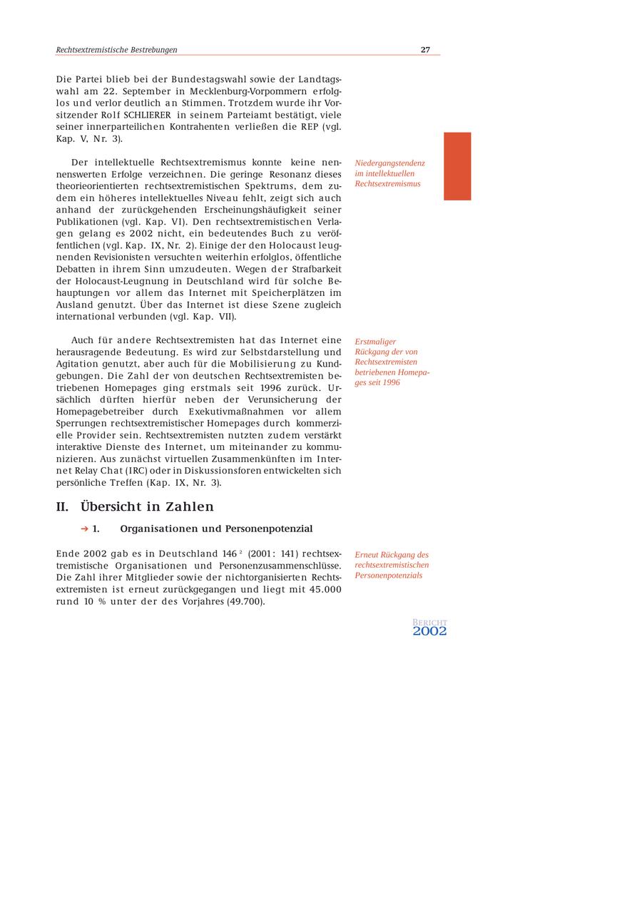 Rechtsextremistische Bestrebungen 27 Die Partei blieb bei der Bundestagswahl sowie der Landtagswahl am 22. September in Mecklenburg-Vorpommern e rfolglos und verlor deutlich a n Stimmen. Trotzdem wurde ihr Vorsitzender Ro l f SCHLIERER in seinem Parteiamt bestätigt, viele seiner innerparteilichen Kontrahente n verließen die REP (vgl. Kap. V, N r. 3). Der intellektuelle Rechtsextremismus konnte keine nenNiedergangstendenz nenswerten Erfolge verzeichnen. Die geringe Resonanz dieses im intellektuellen theorieorientierten rechtsextremistischen Spektrums, dem zuRechtsextremismus dem ein höheres intellektuelles Niveau fehlt, zeigt sich auch anhand der zurückgehenden Erscheinungshäufigkeit seiner Publikationen (vgl. Kap. VI). Den rechtsextremistischen Verlage n gelang es 2002 nicht, ein bedeutendes Buch z u veröffentlichen (vgl. Kap. IX, Nr. 2). Einige der den Holocaust leugnenden Revisioniste n versuchte n weiterhin erfolglos, öffentliche Debatten in ihrem Sinn umzudeuten. Wege n d e r Strafbarkeit der Holocaust-Leugnung in Deutschland wird für solche Behauptunge n vor allem das Internet mit Speicherplätzen im Ausland genutzt. Über das Internet ist diese Szene zugleich international verbunden (vgl. Kap. VII). Auch für andere Rechtsextremisten hat das Internet eine Erstmaliger herausragende Bedeutung. Es wird zur Selbstdarstellung und Rückgang der von Agitation genutzt, aber auch für die Mobilisieru n g z u KundRechtsextremisten gebungen. Die Zahl der von deutschen Rechtsextremisten bebetriebenen Homepages seit 1996 triebenen Homepages ging erstmals seit 1996 zurück. Ursächlich dürften hierfür neben der Verunsicherung der Homepagebetreiber durch E xekutivmaßnahmen vor allem Sperrungen rechtsextremistischer Homepages durch kommerzielle Provider sein. Rechtsextremisten nutzten zudem verstärkt interaktive Dienste des Internet, um miteinander zu kommunizieren. Aus zunächst virtuellen Zusammenkünften im Internet Relay Chat (IRC) oder in Diskussionsforen entwickelten sich persönliche Treffen (Kap. IX, Nr. 3). II. Übersicht in Zahlen 1. Organisationen und Personenpotenzial Ende 2002 gab es in Deutschland 146 2 (2001 : 141) rechtsexErneut Rückgang des tremistische Organisationen und Personenzusammenschlüsse. rechtsextremistischen Die Zahl ihrer Mitglieder sowie der nichtorganisierte n RechtsPersonenpotenzials extremisten ist erneut zurückgegangen und liegt mit 45.000 rund 10 % unter der des Vorjahres (49.700). Bericht 2002