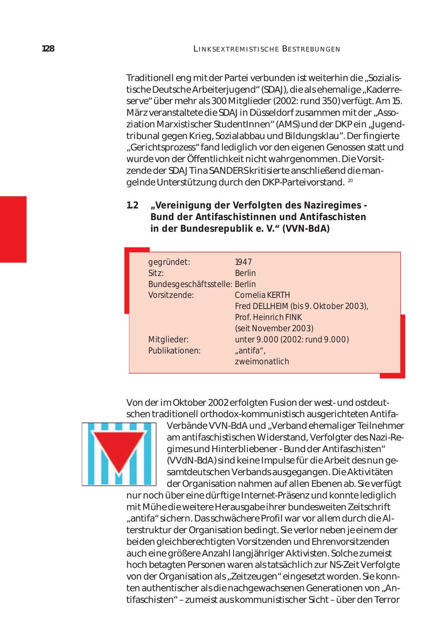 128 L I N K SE X T REM I ST I SCH E BE ST REBU N GEN Traditionell eng mit der Partei verbunden ist weiterhin die "Sozialis tische Deutsche Arbeiterjugend" (SDAJ), die als ehemalige "Kaderre serve" über mehr als 300 Mitglieder (2002: rund 350) verfügt. Am 15. März veranstaltete die SDAJ in Düsseldorf zusammen mit der "Asso ziation Marxistischer StudentInnen" (AMS) und der DKP ein "Jugend tribunal gegen Krieg, Sozialabbau und Bildungsklau". Der fingierte "Gerichtsprozess" fand lediglich vor den eigenen Genossen statt und wurde von der Öffentlichkeit nicht wahrgenommen. Die Vorsit zende der SDAJ Tina SANDERSkritisierte anschließend die man gelnde Unterstützung durch den DKP-Parteivorstand. 20 1.2 "Vereinigung der Verfolgten des Naziregimes - Bund der Antifaschistinnen und Antifaschisten in der Bundesrepublik e. V." (VVN-BdA) gegründet: 1947 Sitz: Berlin Bundesgeschäftsstelle: Berlin Vorsitzende: Cornelia KERTH Fred DELLHEIM (bis 9. Oktober 2003), Prof. Heinrich FINK (seit November 2003) Mitglieder: unter 9.000 (2002: rund 9.000) Publikationen: "antifa", zweimonatlich Von der im Oktober 2002 erfolgten Fusion der westund ostdeut schen traditionell orthodox-kommunistisch ausgerichteten AntifaVerbände VVN-BdA und "Verband ehemaliger Teilnehmer am antifaschistischen Widerstand, Verfolgter des Nazi-Regimes und Hinterbliebener - Bund der Antifaschisten" (VVdN-BdA) sind keine Impulse für die Arbeit des nun ge samtdeutschen Verbands ausgegangen. Die Aktivitäten der Organisation nahmen auf allen Ebenen ab. Sie verfügt nur noch über eine dürftige Internet-Präsenz und konnte lediglich mit Mühe die weitere Herausgabe ihrer bundesweiten Zeitschrift "antifa" sichern. Das schwächere Profil war vor allem durch die Al terstruktur der Organisation bedingt. Sie verlor neben je einem der beiden gleichberechtigten Vorsitzenden und Ehrenvorsitzenden auch eine größere Anzahl langjähriger Aktivisten. Solche zumeist hoch betagten Personen waren als tatsächlich zur NS-Zeit Verfolgte von der Organisation als "Zeitzeugen" eingesetzt worden. Sie konn ten authentischer als die nachgewachsenen Generationen von "An tifaschisten" - zumeist aus kommunistischer Sicht - über den Terror
