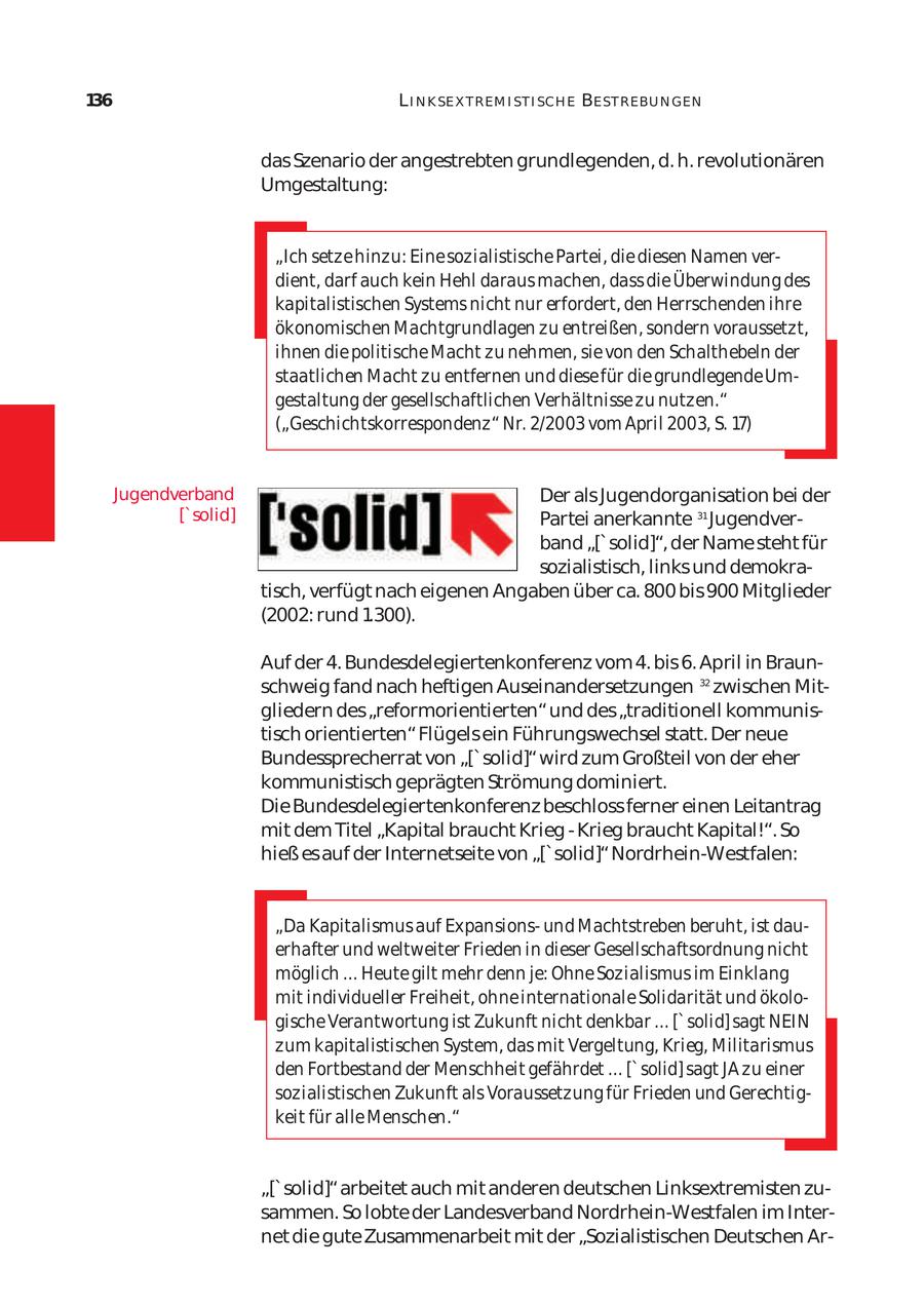 136 L I N K SE X T REM I ST I SCH E BE ST REBU N GEN das Szenario der angestrebten grundlegenden, d. h. revolutionären Umgestaltung: "Ich setze hinzu: Eine sozialistische Partei, die diesen Namen ver dient, darf auch kein Hehl daraus machen, dass die Überwindung des kapitalistischen Systems nicht nur erfordert, den Herrschenden ihre ökonomischen Machtgrundlagen zu entreißen, sondern voraussetzt, ihnen die politische Macht zu nehmen, sie von den Schalthebeln der staatlichen Macht zu entfernen und diese für die grundlegende Um gestaltung der gesellschaftlichen Verhältnisse zu nutzen." ("Geschichtskorrespondenz" Nr. 2/2003 vom April 2003, S. 17) Jugendverband Der als Jugendorganisation bei der ['solid] Partei anerkannte 31 Jugendver band "['solid]", der Name steht für sozialistisch, links und demokra tisch, verfügt nach eigenen Angaben über ca. 800 bis 900 Mitglieder (2002: rund 1.300). Auf der 4. Bundesdelegiertenkonferenz vom 4. bis 6. April in Braun schweig fand nach heftigen Auseinandersetzungen 32 zwischen Mit gliedern des "reformorientierten" und des "traditionell kommunis tisch orientierten" Flügels ein Führungswechsel statt. Der neue Bundessprecherrat von "['solid]" wird zum Großteil von der eher kommunistisch geprägten Strömung dominiert. Die Bundesdelegiertenkonferenz beschloss ferner einen Leitantrag mit dem Titel "Kapital braucht Krieg - Krieg braucht Kapital!". So hieß es auf der Internetseite von "['solid]" Nordrhein-Westfalen: "Da Kapitalismus auf Expansionsund Machtstreben beruht, ist dau erhafter und weltweiter Frieden in dieser Gesellschaftsordnung nicht möglich ... Heute gilt mehr denn je: Ohne Sozialismus im Einklang mit individueller Freiheit, ohne internationale Solidarität und ökolo gische Verantwortung ist Zukunft nicht denkbar ... ['solid] sagt NEIN zum kapitalistischen System, das mit Vergeltung, Krieg, Militarismus den Fortbestand der Menschheit gefährdet ... ['solid] sagt JA zu einer sozialistischen Zukunft als Voraussetzung für Frieden und Gerechtig keit für alle Menschen." "['solid]" arbeitet auch mit anderen deutschen Linksextremisten zu sammen. So lobte der Landesverband Nordrhein-Westfalen im Inter net die gute Zusammenarbeit mit der "Sozialistischen Deutschen Ar
