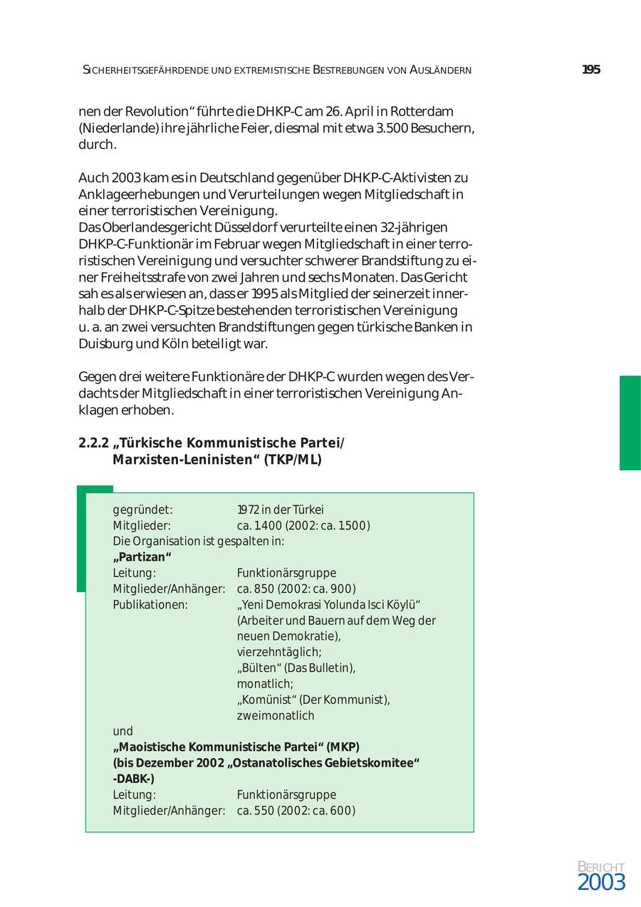 SICHERHEITSGEFÄHRDENDE UND EXTREMISTISCHE BESTREBUNGEN VON AUSLÄNDERN 195 nen der Revolution" führte die DHKP-C am 26. April in Rotterdam (Niederlande) ihre jährliche Feier, diesmal mit etwa 3.500 Besuchern, durch. Auch 2003 kam es in Deutschland gegenüber DHKP-C-Aktivisten zu Anklageerhebungen und Verurteilungen wegen Mitgliedschaft in einer terroristischen Vereinigung. Das Oberlandesgericht Düsseldorf verurteilte einen 32-jährigen DHKP-C-Funktionär im Februar wegen Mitgliedschaft in einer terro ristischen Vereinigung und versuchter schwerer Brandstiftung zu ei ner Freiheitsstrafe von zwei Jahren und sechs Monaten. Das Gericht sah es als erwiesen an, dass er 1995 als Mitglied der seinerzeit inner halb der DHKP-C-Spitze bestehenden terroristischen Vereinigung u. a. an zwei versuchten Brandstiftungen gegen türkische Banken in Duisburg und Köln beteiligt war. Gegen drei weitere Funktionäre der DHKP-C wurden wegen des Ver dachts der Mitgliedschaft in einer terroristischen Vereinigung An klagen erhoben. 2.2.2 "Türkische Kommunistische Partei/ Marxisten-Leninisten" (TKP/ML) gegründet: 1972 in der Türkei Mitglieder: ca. 1.400 (2002: ca. 1.500) Die Organisation ist gespalten in: "Partizan" Leitung: Funktionärsgruppe Mitglieder/Anhänger: ca. 850 (2002: ca. 900) Publikationen: "Yeni Demokrasi Yolunda Isci Köylü" (Arbeiter und Bauern auf dem Weg der neuen Demokratie), vierzehntäglich; "Bülten" (Das Bulletin), monatlich; "Komünist" (Der Kommunist), zweimonatlich und "Maoistische Kommunistische Partei" (MKP) (bis Dezember 2002 "Ostanatolisches Gebietskomitee" -DABK-) Leitung: Funktionärsgruppe Mitglieder/Anhänger: ca. 550 (2002: ca. 600) BERICHT 2003