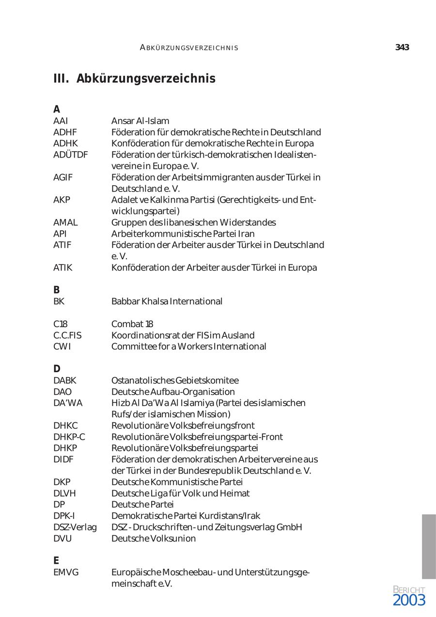 A BK Ü RZU N G SV ERZEI CH N I S 343 III. Abkürzungsverzeichnis A AAI Ansar Al-Islam ADHF Föderation für demokratische Rechte in Deutschland ADHK Konföderation für demokratische Rechte in Europa ADÜTDF Föderation der türkisch-demokratischen Idealisten vereine in Europa e. V. AGIF Föderation der Arbeitsimmigranten aus der Türkei in Deutschland e. V. AKP Adalet ve Kalkinma Partisi (Gerechtigkeitsund Ent wicklungspartei) AMAL Gruppen des libanesischen Widerstandes API Arbeiterkommunistische Partei Iran ATIF Föderation der Arbeiter aus der Türkei in Deutschland e. V. ATIK Konföderation der Arbeiter aus der Türkei in Europa B BK Babbar Khalsa International C18 Combat 18 C.C.FIS Koordinationsrat der FISim Ausland CWI Committee for a Workers International D DABK Ostanatolisches Gebietskomitee DAO Deutsche Aufbau-Organisation DA'WA Hizb Al Da'Wa Al Islamiya (Partei des islamischen Rufs/ der islamischen Mission) DHKC Revolutionäre Volksbefreiungsfront DHKP-C Revolutionäre Volksbefreiungspartei-Front DHKP Revolutionäre Volksbefreiungspartei DIDF Föderation der demokratischen Arbeitervereine aus der Türkei in der Bundesrepublik Deutschland e. V. DKP Deutsche Kommunistische Partei DLVH Deutsche Liga für Volk und Heimat DP Deutsche Partei DPK-I Demokratische Partei Kurdistans/Irak DSZ-Verlag DSZ - Druckschriftenund Zeitungsverlag GmbH DVU Deutsche Volksunion E EMVG Europäische Moscheebauund Unterstützungsge meinschaft e.V. BERICHT 2003