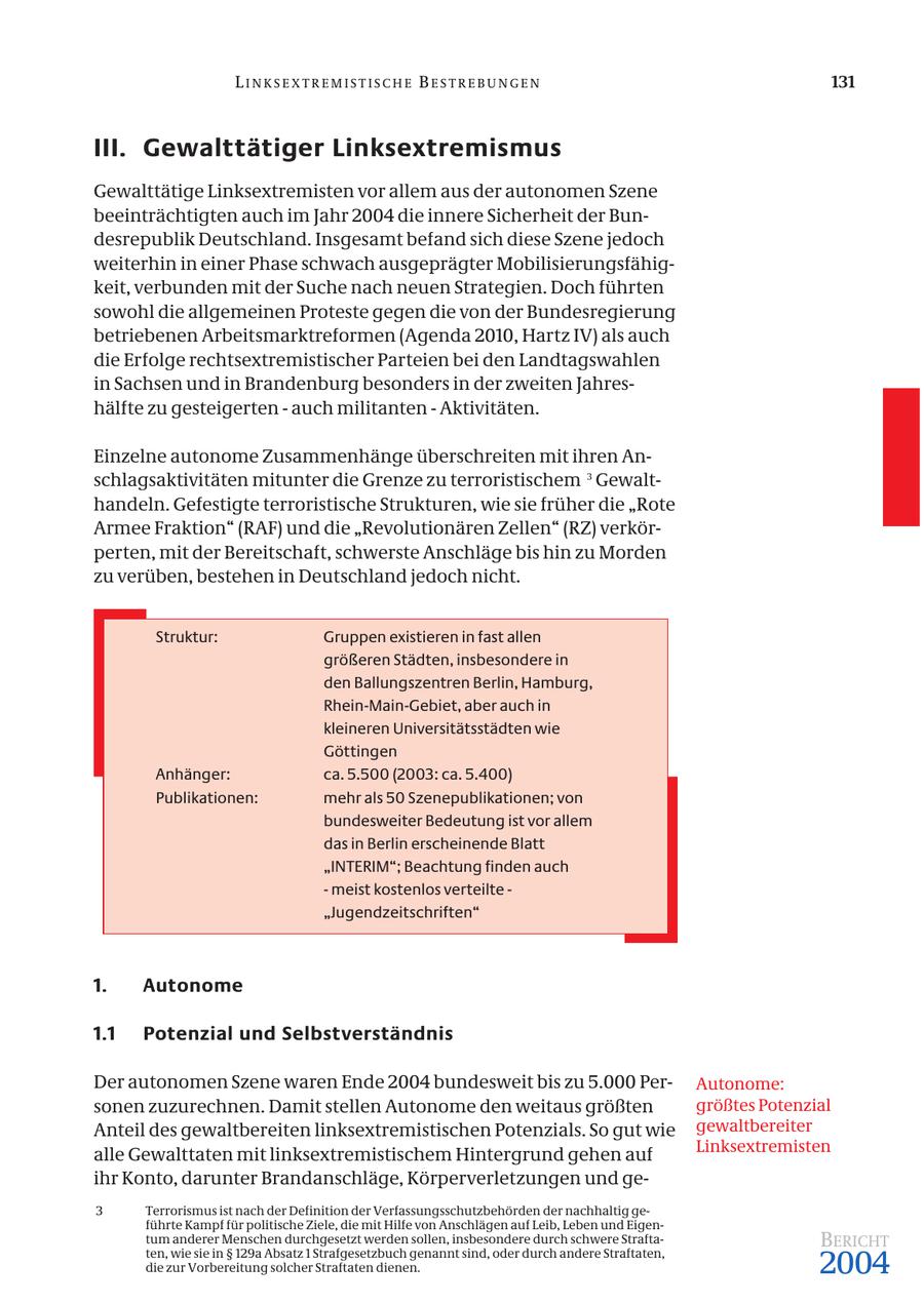LINKSEXTREMISTISCHE BESTREBUNGEN 131 III. Gewalttätiger Linksextremismus Gewalttätige Linksextremisten vor allem aus der autonomen Szene beeinträchtigten auch im Jahr 2004 die innere Sicherheit der Bundesrepublik Deutschland. Insgesamt befand sich diese Szene jedoch weiterhin in einer Phase schwach ausgeprägter Mobilisierungsfähigkeit, verbunden mit der Suche nach neuen Strategien. Doch führten sowohl die allgemeinen Proteste gegen die von der Bundesregierung betriebenen Arbeitsmarktreformen (Agenda 2010, Hartz IV) als auch die Erfolge rechtsextremistischer Parteien bei den Landtagswahlen in Sachsen und in Brandenburg besonders in der zweiten Jahreshälfte zu gesteigerten - auch militanten - Aktivitäten. Einzelne autonome Zusammenhänge überschreiten mit ihren Anschlagsaktivitäten mitunter die Grenze zu terroristischem 3 Gewalthandeln. Gefestigte terroristische Strukturen, wie sie früher die "Rote Armee Fraktion" (RAF) und die "Revolutionären Zellen" (RZ) verkörperten, mit der Bereitschaft, schwerste Anschläge bis hin zu Morden zu verüben, bestehen in Deutschland jedoch nicht. Struktur: Gruppen existieren in fast allen größeren Städten, insbesondere in den Ballungszentren Berlin, Hamburg, Rhein-Main-Gebiet, aber auch in kleineren Universitätsstädten wie Göttingen Anhänger: ca. 5.500 (2003: ca. 5.400) Publikationen: mehr als 50 Szenepublikationen; von bundesweiter Bedeutung ist vor allem das in Berlin erscheinende Blatt "INTERIM"; Beachtung finden auch - meist kostenlos verteilte - "Jugendzeitschriften" 1. Autonome 1.1 Potenzial und Selbstverständnis Der autonomen Szene waren Ende 2004 bundesweit bis zu 5.000 PerAutonome: sonen zuzurechnen. Damit stellen Autonome den weitaus größten größtes Potenzial Anteil des gewaltbereiten linksextremistischen Potenzials. So gut wie gewaltbereiter alle Gewalttaten mit linksextremistischem Hintergrund gehen auf Linksextremisten ihr Konto, darunter Brandanschläge, Körperverletzungen und ge- 3 Terrorismus ist nach der Definition der Verfassungsschutzbehörden der nachhaltig geführte Kampf für politische Ziele, die mit Hilfe von Anschlägen auf Leib, Leben und Eigentum anderer Menschen durchgesetzt werden sollen, insbesondere durch schwere StraftaBERICHT ten, wie sie in SS 129a Absatz 1 Strafgesetzbuch genannt sind, oder durch andere Straftaten, die zur Vorbereitung solcher Straftaten dienen. 2004