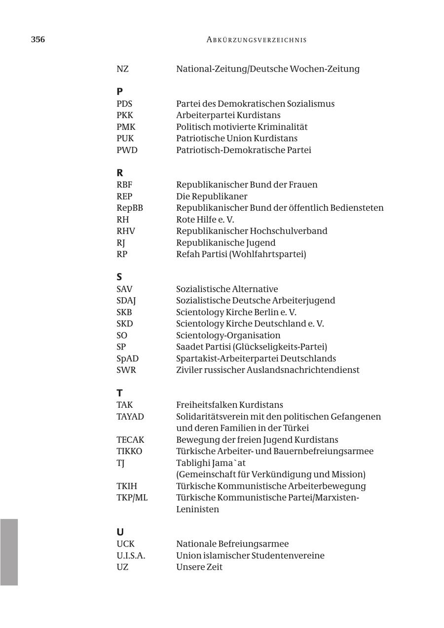 356 ABKÜRZUNGSVERZEICHNIS NZ National-Zeitung/Deutsche Wochen-Zeitung P PDS Partei des Demokratischen Sozialismus PKK Arbeiterpartei Kurdistans PMK Politisch motivierte Kriminalität PUK Patriotische Union Kurdistans PWD Patriotisch-Demokratische Partei R RBF Republikanischer Bund der Frauen REP Die Republikaner RepBB Republikanischer Bund der öffentlich Bediensteten RH Rote Hilfe e. V. RHV Republikanischer Hochschulverband RJ Republikanische Jugend RP Refah Partisi (Wohlfahrtspartei) S SAV Sozialistische Alternative SDAJ Sozialistische Deutsche Arbeiterjugend SKB Scientology Kirche Berlin e. V. SKD Scientology Kirche Deutschland e. V. SO Scientology-Organisation SP Saadet Partisi (Glückseligkeits-Partei) SpAD Spartakist-Arbeiterpartei Deutschlands SWR Ziviler russischer Auslandsnachrichtendienst T TAK Freiheitsfalken Kurdistans TAYAD Solidaritätsverein mit den politischen Gefangenen und deren Familien in der Türkei TECAK Bewegung der freien Jugend Kurdistans TIKKO Türkische Arbeiterund Bauernbefreiungsarmee TJ Tablighi Jama'at (Gemeinschaft für Verkündigung und Mission) TKIH Türkische Kommunistische Arbeiterbewegung TKP/ML Türkische Kommunistische Partei/MarxistenLeninisten U UCK Nationale Befreiungsarmee U.I.S.A. Union islamischer Studentenvereine UZ Unsere Zeit