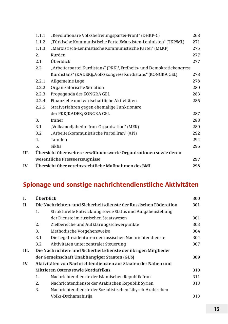 1.1.1 "Revolutionäre Volksbefreiungspartei-Front" (DHKP-C) 268 1.1.2 "Türkische Kommunistische Partei/Marxisten-Leninisten" (TKP/ML) 271 1.1.3 "Marxistisch-Leninistische Kommunistische Partei" (MLKP) 275 2. Kurden 277 2.1 Überblick 277 2.2 "Arbeiterpartei Kurdistans" (PKK)/"Freiheitsund Demokratiekongress Kurdistans" (KADEK)/"Volkskongress Kurdistans" (KONGRA GEL) 278 2.2.1 Allgemeine Lage 278 2.2.2 Organisatorische Situation 280 2.2.3 Propaganda des KONGRA GEL 283 2.2.4 Finanzielle und wirtschaftliche Aktivitäten 286 2.2.5 Strafverfahren gegen ehemalige Funktionäre der PKK/KADEK/KONGRA GEL 287 3. Iraner 288 3.1 "Volksmodjahedin Iran-Organisation" (MEK) 289 3.2 "Arbeiterkommunistische Partei Iran" (API) 292 4. Tamilen 294 5. Sikhs 296 III. Übersicht über weitere erwähnenswerte Organisationen sowie deren wesentliche Presseerzeugnisse 297 IV. Übersicht über vereinsrechtliche Maßnahmen des BMI 298 Spionage und sonstige nachrichtendienstliche Aktivitäten I. Überblick 300 II. Die Nachrichtenund Sicherheitsdienste der Russischen Föderation 301 1. Strukturelle Entwicklung sowie Status und Aufgabenstellung der Dienste im russischen Staatswesen 301 2. Zielbereiche und Aufklärungsschwerpunkte 303 3. Methodische Vorgehensweise 304 3.1 Die Legalresidenturen der russischen Nachrichtendienste 304 3.2 Aktivitäten unter zentraler Steuerung 307 III. Die Nachrichtenund Sicherheitsdienste der übrigen Mitglieder der Gemeinschaft Unabhängiger Staaten (GUS) 309 IV. Aktivitäten von Nachrichtendiensten aus Staaten des Nahen und Mittleren Ostens sowie Nordafrikas 310 1. Nachrichtendienste der Islamischen Republik Iran 311 2. Nachrichtendienste der Arabischen Republik Syrien 313 3. Nachrichtendienste der Sozialistischen Libysch-Arabischen Volks-Dschamahirija 313 15