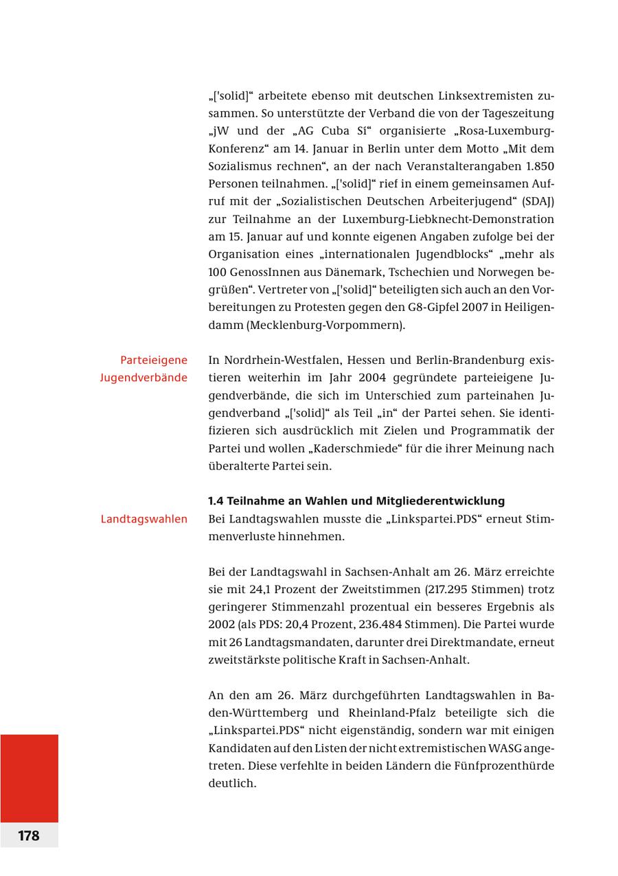 "['solid]" arbeitete ebenso mit deutschen Linksextremisten zusammen. So unterstützte der Verband die von der Tageszeitung "jW und der "AG Cuba Si" organisierte "Rosa-LuxemburgKonferenz" am 14. Januar in Berlin unter dem Motto "Mit dem Sozialismus rechnen", an der nach Veranstalterangaben 1.850 Personen teilnahmen. "['solid]" rief in einem gemeinsamen Aufruf mit der "Sozialistischen Deutschen Arbeiterjugend" (SDAJ) zur Teilnahme an der Luxemburg-Liebknecht-Demonstration am 15. Januar auf und konnte eigenen Angaben zufolge bei der Organisation eines "internationalen Jugendblocks" "mehr als 100 GenossInnen aus Dänemark, Tschechien und Norwegen begrüßen". Vertreter von "['solid]" beteiligten sich auch an den Vorbereitungen zu Protesten gegen den G8-Gipfel 2007 in Heiligendamm (Mecklenburg-Vorpommern). Parteieigene In Nordrhein-Westfalen, Hessen und Berlin-Brandenburg exisJugendverbände tieren weiterhin im Jahr 2004 gegründete parteieigene Jugendverbände, die sich im Unterschied zum parteinahen Jugendverband "['solid]" als Teil "in" der Partei sehen. Sie identifizieren sich ausdrücklich mit Zielen und Programmatik der Partei und wollen "Kaderschmiede" für die ihrer Meinung nach überalterte Partei sein. 1.4 Teilnahme an Wahlen und Mitgliederentwicklung Landtagswahlen Bei Landtagswahlen musste die "Linkspartei.PDS" erneut Stimmenverluste hinnehmen. Bei der Landtagswahl in Sachsen-Anhalt am 26. März erreichte sie mit 24,1 Prozent der Zweitstimmen (217.295 Stimmen) trotz geringerer Stimmenzahl prozentual ein besseres Ergebnis als 2002 (als PDS: 20,4 Prozent, 236.484 Stimmen). Die Partei wurde mit 26 Landtagsmandaten, darunter drei Direktmandate, erneut zweitstärkste politische Kraft in Sachsen-Anhalt. An den am 26. März durchgeführten Landtagswahlen in Baden-Württemberg und Rheinland-Pfalz beteiligte sich die "Linkspartei.PDS" nicht eigenständig, sondern war mit einigen Kandidaten auf den Listen der nicht extremistischen WASG angetreten. Diese verfehlte in beiden Ländern die Fünfprozenthürde deutlich. 178