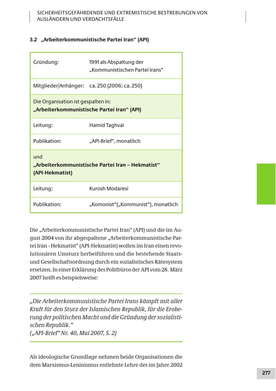 SICHERHEITSGEFÄHRDENDE UND EXTREMISTISCHE BESTREBUNGEN VON AUSLÄNDERN UND VERDACHTSFÄLLE 3.2 "Arbeiterkommunistische Partei Iran" (API) Gründung: 1991 als Abspaltung der "Kommunistischen Partei Irans" Mitglieder/Anhänger: ca. 250 (2006: ca. 250) Die Organisation ist gespalten in: "Arbeiterkommunistische Partei Iran" (API) Leitung: Hamid Taghvai Publikation: "API-Brief", monatlich und "Arbeiterkommunistische Partei Iran - Hekmatist" (API-Hekmatist) Leitung: Kurosh Modaresi Publikation: "Komonist"("Kommunist"), monatlich Die "Arbeiterkommunistische Partei Iran" (API) und die im August 2004 von ihr abgespaltene "Arbeiterkommunistische Partei Iran - Hekmatist" (API-Hekmatist) wollen im Iran einen revolutionären Umsturz herbeiführen und die bestehende Staatsund Gesellschaftsordnung durch ein sozialistisches Rätesystem ersetzen. In einer Erklärung des Politbüros der API vom 28. März 2007 heißt es beispielsweise: "Die Arbeiterkommunistische Partei Irans kämpft mit aller Kraft für den Sturz der Islamischen Republik, für die Eroberung der politischen Macht und die Gründung der sozialistischen Republik." ("API-Brief" Nr. 40, Mai 2007, S. 2) Als ideologische Grundlage nehmen beide Organisationen die dem Marxismus-Leninismus entlehnte Lehre des im Jahre 2002 277