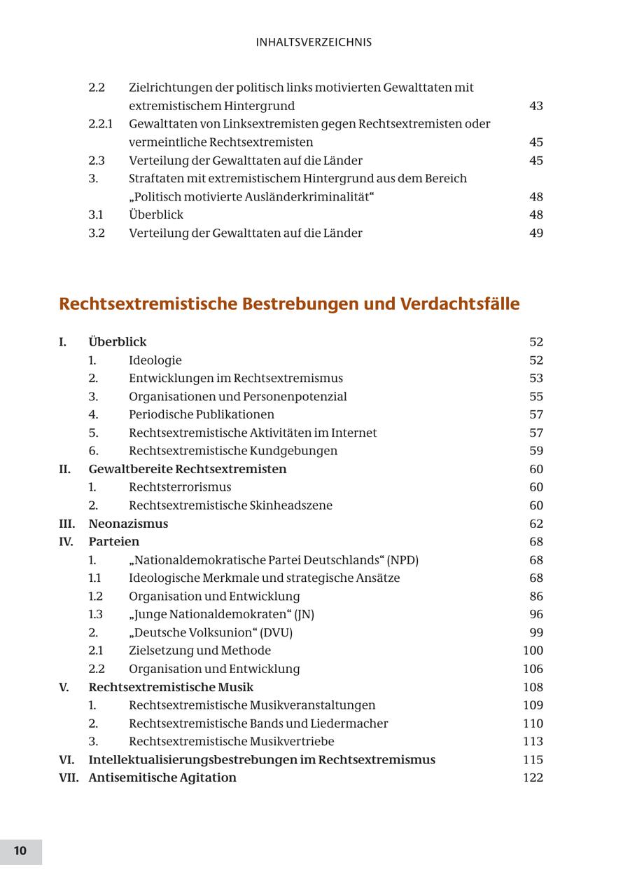 INHALTSVERZEICHNIS 2.2 Zielrichtungen der politisch links motivierten Gewalttaten mit extremistischem Hintergrund 43 2.2.1 Gewalttaten von Linksextremisten gegen Rechtsextremisten oder vermeintliche Rechtsextremisten 45 2.3 Verteilung der Gewalttaten auf die Länder 45 3. Straftaten mit extremistischem Hintergrund aus dem Bereich "Politisch motivierte Ausländerkriminalität" 48 3.1 Überblick 48 3.2 Verteilung der Gewalttaten auf die Länder 49 Rechtsextremistische Bestrebungen und Verdachtsfälle I. Überblick 52 1. Ideologie 52 2. Entwicklungen im Rechtsextremismus 53 3. Organisationen und Personenpotenzial 55 4. Periodische Publikationen 57 5. Rechtsextremistische Aktivitäten im Internet 57 6. Rechtsextremistische Kundgebungen 59 II. Gewaltbereite Rechtsextremisten 60 1. Rechtsterrorismus 60 2. Rechtsextremistische Skinheadszene 60 III. Neonazismus 62 IV. Parteien 68 1. "Nationaldemokratische Partei Deutschlands" (NPD) 68 1.1 Ideologische Merkmale und strategische Ansätze 68 1.2 Organisation und Entwicklung 86 1.3 "Junge Nationaldemokraten" (JN) 96 2. "Deutsche Volksunion" (DVU) 99 2.1 Zielsetzung und Methode 100 2.2 Organisation und Entwicklung 106 V. Rechtsextremistische Musik 108 1. Rechtsextremistische Musikveranstaltungen 109 2. Rechtsextremistische Bands und Liedermacher 110 3. Rechtsextremistische Musikvertriebe 113 VI. Intellektualisierungsbestrebungen im Rechtsextremismus 115 VII. Antisemitische Agitation 122 10
