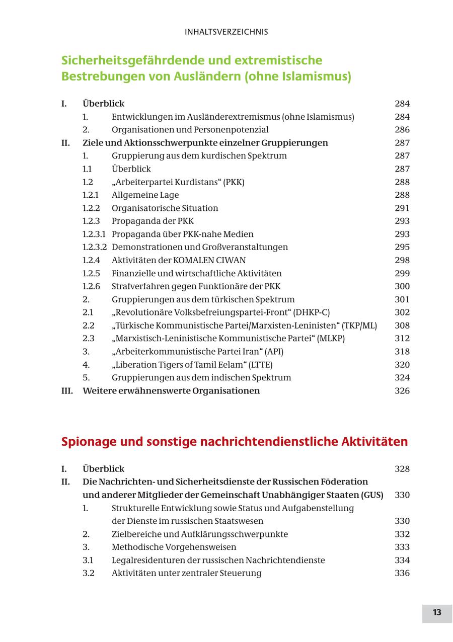 INHALTSVERZEICHNIS Sicherheitsgefährdende und extremistische Bestrebungen von Ausländern (ohne Islamismus) I. Überblick 284 1. Entwicklungen im Ausländerextremismus (ohne Islamismus) 284 2. Organisationen und Personenpotenzial 286 II. Ziele und Aktionsschwerpunkte einzelner Gruppierungen 287 1. Gruppierung aus dem kurdischen Spektrum 287 1.1 Überblick 287 1.2 "Arbeiterpartei Kurdistans" (PKK) 288 1.2.1 Allgemeine Lage 288 1.2.2 Organisatorische Situation 291 1.2.3 Propaganda der PKK 293 1.2.3.1 Propaganda über PKK-nahe Medien 293 1.2.3.2 Demonstrationen und Großveranstaltungen 295 1.2.4 Aktivitäten der KOMALEN CIWAN 298 1.2.5 Finanzielle und wirtschaftliche Aktivitäten 299 1.2.6 Strafverfahren gegen Funktionäre der PKK 300 2. Gruppierungen aus dem türkischen Spektrum 301 2.1 "Revolutionäre Volksbefreiungspartei-Front" (DHKP-C) 302 2.2 "Türkische Kommunistische Partei/Marxisten-Leninisten" (TKP/ML) 308 2.3 "Marxistisch-Leninistische Kommunistische Partei" (MLKP) 312 3. "Arbeiterkommunistische Partei Iran" (API) 318 4. "Liberation Tigers of Tamil Eelam" (LTTE) 320 5. Gruppierungen aus dem indischen Spektrum 324 III. Weitere erwähnenswerte Organisationen 326 Spionage und sonstige nachrichtendienstliche Aktivitäten I. Überblick 328 II. Die Nachrichtenund Sicherheitsdienste der Russischen Föderation und anderer Mitglieder der Gemeinschaft Unabhängiger Staaten (GUS) 330 1. Strukturelle Entwicklung sowie Status und Aufgabenstellung der Dienste im russischen Staatswesen 330 2. Zielbereiche und Aufklärungsschwerpunkte 332 3. Methodische Vorgehensweisen 333 3.1 Legalresidenturen der russischen Nachrichtendienste 334 3.2 Aktivitäten unter zentraler Steuerung 336 13