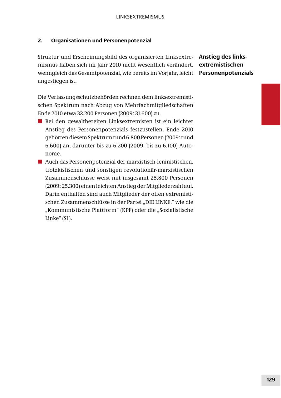 LINKSEXTREMISMUS 2. Organisationen und Personenpotenzial Struktur und Erscheinungsbild des organisierten LinksextreAnstieg des linksmismus haben sich im Jahr 2010 nicht wesentlich verändert, extremistischen wenngleich das Gesamtpotenzial, wie bereits im Vorjahr, leicht Personenpotenzials angestiegen ist. Die Verfassungsschutzbehörden rechnen dem linksextremistischen Spektrum nach Abzug von Mehrfachmitgliedschaften Ende 2010 etwa 32.200 Personen (2009: 31.600) zu. # Bei den gewaltbereiten Linksextremisten ist ein leichter Anstieg des Personenpotenzials festzustellen. Ende 2010 gehörten diesem Spektrum rund 6.800 Personen (2009: rund 6.600) an, darunter bis zu 6.200 (2009: bis zu 6.100) Autonome. # Auch das Personenpotenzial der marxistisch-leninistischen, trotzkistischen und sonstigen revolutionär-marxistischen Zusammenschlüsse weist mit insgesamt 25.800 Personen (2009: 25.300) einen leichten Anstieg der Mitgliederzahl auf. Darin enthalten sind auch Mitglieder der offen extremistischen Zusammenschlüsse in der Partei "DIE LINKE." wie die "Kommunistische Plattform" (KPF) oder die "Sozialistische Linke" (SL). 129