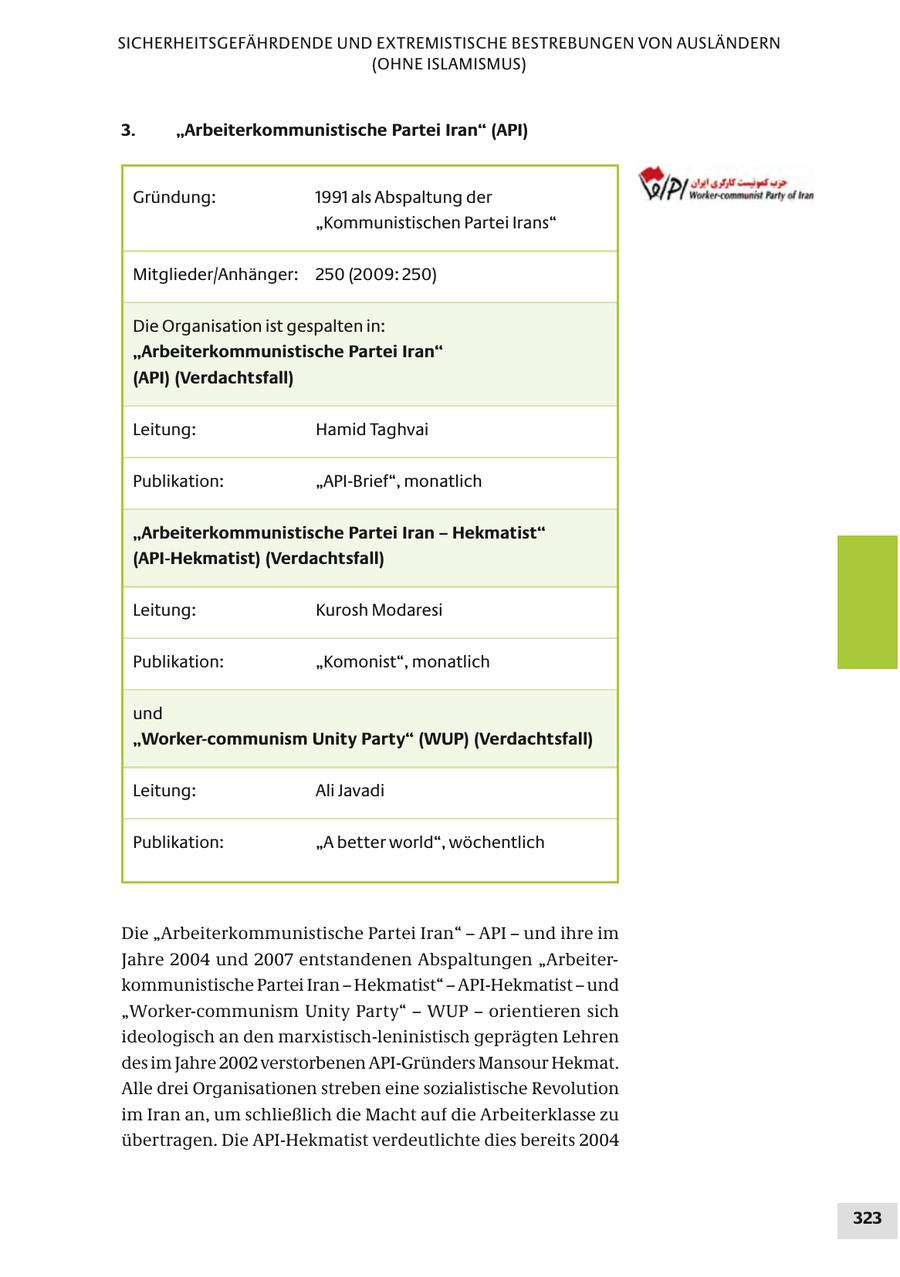 SICHERHEITSGEFÄHRDENDE UND EXTREMISTISCHE BESTREBUNGEN VON AUSLÄNDERN (OHNE ISLAMISMUS) 3. "Arbeiterkommunistische Partei Iran" (API) Gründung: 1991 als Abspaltung der "Kommunistischen Partei Irans" Mitglieder/Anhänger: 250 (2009: 250) Die Organisation ist gespalten in: "Arbeiterkommunistische Partei Iran" (API) (Verdachtsfall) Leitung: Hamid Taghvai Publikation: "API-Brief", monatlich "Arbeiterkommunistische Partei Iran - Hekmatist" (API-Hekmatist) (Verdachtsfall) Leitung: Kurosh Modaresi Publikation: "Komonist", monatlich und "Worker-communism Unity Party" (WUP) (Verdachtsfall) Leitung: Ali Javadi Publikation: "A better world", wöchentlich Die "Arbeiterkommunistische Partei Iran" - API - und ihre im Jahre 2004 und 2007 entstandenen Abspaltungen "Arbeiterkommunistische Partei Iran - Hekmatist" - API-Hekmatist - und "Worker-communism Unity Party" - WUP - orientieren sich ideologisch an den marxistisch-leninistisch geprägten Lehren des im Jahre 2002 verstorbenen API-Gründers Mansour Hekmat. Alle drei Organisationen streben eine sozialistische Revolution im Iran an, um schließlich die Macht auf die Arbeiterklasse zu übertragen. Die API-Hekmatist verdeutlichte dies bereits 2004 323