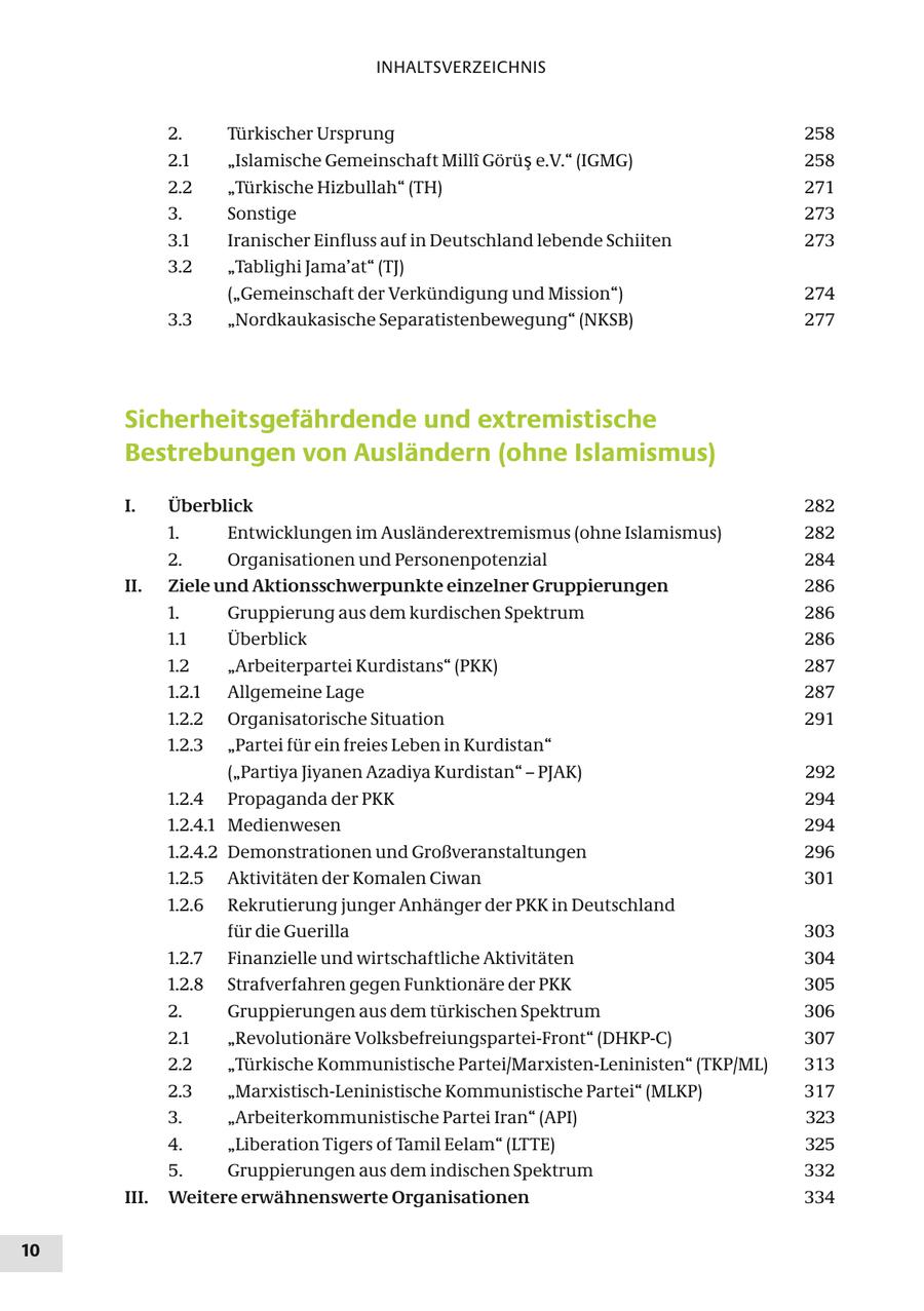 INHALTSVERZEICHNIS 2. Türkischer Ursprung 258 2.1 "Islamische Gemeinschaft Milli Görüs e.V." (IGMG) 258 2.2 "Türkische Hizbullah" (TH) 271 3. Sonstige 273 3.1 Iranischer Einfluss auf in Deutschland lebende Schiiten 273 3.2 "Tablighi Jama'at" (TJ) ("Gemeinschaft der Verkündigung und Mission") 274 3.3 "Nordkaukasische Separatistenbewegung" (NKSB) 277 Sicherheitsgefährdende und extremistische Bestrebungen von Ausländern (ohne Islamismus) I. Überblick 282 1. Entwicklungen im Ausländerextremismus (ohne Islamismus) 282 2. Organisationen und Personenpotenzial 284 II. Ziele und Aktionsschwerpunkte einzelner Gruppierungen 286 1. Gruppierung aus dem kurdischen Spektrum 286 1.1 Überblick 286 1.2 "Arbeiterpartei Kurdistans" (PKK) 287 1.2.1 Allgemeine Lage 287 1.2.2 Organisatorische Situation 291 1.2.3 "Partei für ein freies Leben in Kurdistan" ("Partiya Jiyanen Azadiya Kurdistan" - PJAK) 292 1.2.4 Propaganda der PKK 294 1.2.4.1 Medienwesen 294 1.2.4.2 Demonstrationen und Großveranstaltungen 296 1.2.5 Aktivitäten der Komalen Ciwan 301 1.2.6 Rekrutierung junger Anhänger der PKK in Deutschland für die Guerilla 303 1.2.7 Finanzielle und wirtschaftliche Aktivitäten 304 1.2.8 Strafverfahren gegen Funktionäre der PKK 305 2. Gruppierungen aus dem türkischen Spektrum 306 2.1 "Revolutionäre Volksbefreiungspartei-Front" (DHKP-C) 307 2.2 "Türkische Kommunistische Partei/Marxisten-Leninisten" (TKP/ML) 313 2.3 "Marxistisch-Leninistische Kommunistische Partei" (MLKP) 317 3. "Arbeiterkommunistische Partei Iran" (API) 323 4. "Liberation Tigers of Tamil Eelam" (LTTE) 325 5. Gruppierungen aus dem indischen Spektrum 332 III. Weitere erwähnenswerte Organisationen 334 10
