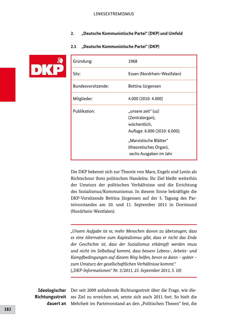 LINKSEXTREMISMUS 2. "Deutsche Kommunistische Partei" (DKP) und Umfeld 2.1 "Deutsche Kommunistische Partei" (DKP) Gründung: 1968 Sitz: Essen (NordrheinWestfalen) Bundesvorsitzende: Bettina Jürgensen Mitglieder: 4.000 (2010: 4.000) Publikation: "unsere zeit" (uz) (Zentralorgan), wöchentlich, Auflage: 6.000 (2010: 6.000); "Marxistische Blätter" (theoretisches Organ), sechs Ausgaben im Jahr Die DKP bekennt sich zur Theorie von Marx, Engels und Lenin als Richtschnur ihres politischen Handelns. Ihr Ziel bleibt weiterhin der Umsturz der politischen Verhältnisse und die Errichtung des Sozialismus/Kommunismus. In diesem Sinne bekräftigte die DKPVorsitzende Bettina Jürgensen auf der 5. Tagung des Par teivorstandes am 10. und 11. September 2011 in Dortmund (NordrheinWestfalen): "Unsere Aufgabe ist es, mehr Menschen davon zu überzeugen, dass es eine Alternative zum Kapitalismus gibt, dass er nicht das Ende der Geschichte ist, dass der Sozialismus erkämpft werden muss und nicht im Selbstlauf kommt, dass bessere Lebens-, Arbeitsund Kampfbedingungen auf diesem Weg helfen, bevor es dann - später - zum Umsturz der gesellschaftlichen Verhältnisse kommt." ("DKP-Informationen" Nr. 3/2011, 25. September 2011, S. 10) Ideologischer Der seit 2009 anhaltende Richtungsstreit über die Frage, wie die Richtungsstreit ses Ziel zu erreichen sei, setzte sich auch 2011 fort. So hielt die dauert an Mehrheit im Parteivorstand an den "Politischen Thesen" fest, die 182