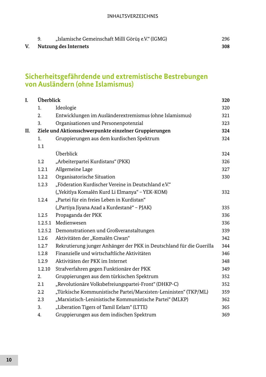 INHALTSVERZEICHNIS 9. "Islamische Gemeinschaft Milli Görüs e.V." (IGMG) 296 V. Nutzung des Internets 308 Sicherheitsgefährdende und extremistische Bestrebungen von Ausländern (ohne Islamismus) I. Überblick 320 1. Ideologie 320 2. Entwicklungen im Ausländerextremismus (ohne Islamismus) 321 3. Organisationen und Personenpotenzial 323 II. Ziele und Aktionsschwerpunkte einzelner Gruppierungen 324 1. Gruppierungen aus dem kurdischen Spektrum 324 1.1 Überblick 324 1.2 "Arbeiterpartei Kurdistans" (PKK) 326 1.2.1 Allgemeine Lage 327 1.2.2 Organisatorische Situation 330 1.2.3 "Föderation Kurdischer Vereine in Deutschland e.V." ("Yekitiya Komalen Kurd Li Elmanya" - YEKKOM) 332 1.2.4 "Partei für ein freies Leben in Kurdistan" ("Partiya Jiyana Azad a Kurdestane" - PJAK) 335 1.2.5 Propaganda der PKK 336 1.2.5.1 Medienwesen 336 1.2.5.2 Demonstrationen und Großveranstaltungen 339 1.2.6 Aktivitäten der "Komalen Ciwan" 342 1.2.7 Rekrutierung junger Anhänger der PKK in Deutschland für die Guerilla 344 1.2.8 Finanzielle und wirtschaftliche Aktivitäten 346 1.2.9 Aktivitäten der PKK im Internet 348 1.2.10 Strafverfahren gegen Funktionäre der PKK 349 2. Gruppierungen aus dem türkischen Spektrum 352 2.1 "Revolutionäre VolksbefreiungsparteiFront" (DHKPC) 352 2.2 "Türkische Kommunistische Partei/MarxistenLeninisten" (TKP/ML) 359 2.3 "MarxistischLeninistische Kommunistische Partei" (MLKP) 362 3. "Liberation Tigers of Tamil Eelam" (LTTE) 365 4. Gruppierungen aus dem indischen Spektrum 369 10