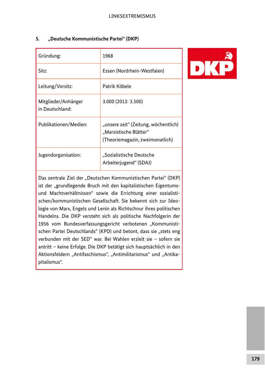 LINKSEXTREMISMUS 5. "Deutsche Kommunistische Partei" (DKP) Gründung: 1968 Sitz: Essen (Nordrhein-Westfalen) Leitung/Vorsitz: Patrik Köbele Mitglieder/Anhänger 3.000 (2013: 3.500) in Deutschland: Publikationen/Medien: "unsere zeit" (Zeitung, wöchentlich) "Marxistische Blätter" (Theoriemagazin, zweimonatlich) Jugendorganisation: "Sozialistische Deutsche Arbeiterjugend" (SDAJ) Das zentrale Ziel der "Deutschen Kommunistischen Partei" (DKP) ist der "grundlegende Bruch mit den kapitalistischen Eigentumsund Machtverhältnissen" sowie die Errichtung einer sozialistischen/kommunistischen Gesellschaft. Sie bekennt sich zur Ideologie von Marx, Engels und Lenin als Richtschnur ihres politischen Handelns. Die DKP versteht sich als politische Nachfolgerin der 1956 vom Bundesverfassungsgericht verbotenen "Kommunistischen Partei Deutschlands" (KPD) und betont, dass sie "stets eng verbunden mit der SED" war. Bei Wahlen erzielt sie - sofern sie antritt - keine Erfolge. Die DKP betätigt sich hauptsächlich in den Aktionsfeldern "Antifaschismus", "Antimilitarismus" und "Antikapitalismus". 179