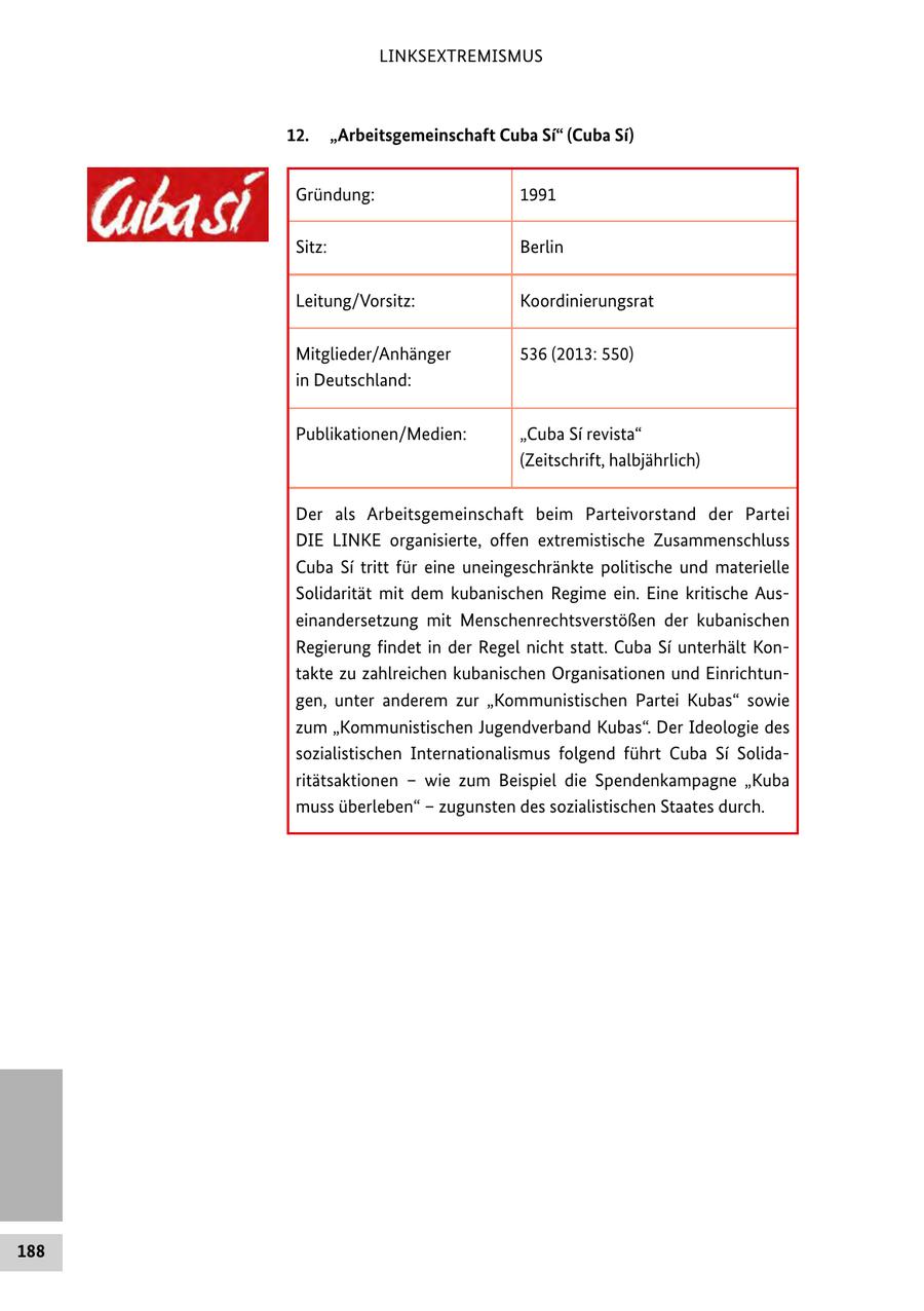 LINKSEXTREMISMUS 12. "Arbeitsgemeinschaft Cuba Si" (Cuba Si) Gründung: 1991 Sitz: Berlin Leitung/Vorsitz: Koordinierungsrat Mitglieder/Anhänger 536 (2013: 550) in Deutschland: Publikationen/Medien: "Cuba Si revista" (Zeitschrift, halbjährlich) Der als Arbeitsgemeinschaft beim Parteivorstand der Partei DIE LINKE organisierte, offen extremistische Zusammenschluss Cuba Si tritt für eine uneingeschränkte politische und materielle Solidarität mit dem kubanischen Regime ein. Eine kritische Auseinandersetzung mit Menschenrechtsverstößen der kubanischen Regierung findet in der Regel nicht statt. Cuba Si unterhält Kontakte zu zahlreichen kubanischen Organisationen und Einrichtungen, unter anderem zur "Kommunistischen Partei Kubas" sowie zum "Kommunistischen Jugendverband Kubas". Der Ideologie des sozialistischen Internationalismus folgend führt Cuba Si Solidaritätsaktionen - wie zum Beispiel die Spendenkampagne "Kuba muss überleben" - zugunsten des sozialistischen Staates durch. 188
