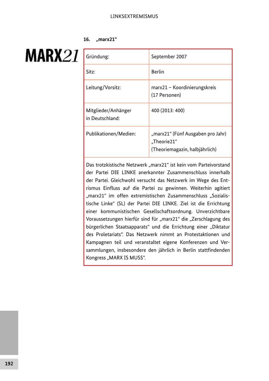 LINKSEXTREMISMUS 16. "marx21" Gründung: September 2007 Sitz: Berlin Leitung/Vorsitz: marx21 - Koordinierungskreis (17 Personen) Mitglieder/Anhänger 400 (2013: 400) in Deutschland: Publikationen/Medien: "marx21" (Fünf Ausgaben pro Jahr) "Theorie21" (Theoriemagazin, halbjährlich) Das trotzkistische Netzwerk "marx21" ist kein vom Parteivorstand der Partei DIE LINKE anerkannter Zusammenschluss innerhalb der Partei. Gleichwohl versucht das Netzwerk im Wege des Entrismus Einfluss auf die Partei zu gewinnen. Weiterhin agitiert "marx21" im offen extremistischen Zusammenschluss "Sozialistische Linke" (SL) der Partei DIE LINKE. Ziel ist die Errichtung einer kommunistischen Gesellschaftsordnung. Unverzichtbare Voraussetzungen hierfür sind für "marx21" die "Zerschlagung des bürgerlichen Staatsapparats" und die Errichtung einer "Diktatur des Proletariats". Das Netzwerk nimmt an Protestaktionen und Kampagnen teil und veranstaltet eigene Konferenzen und Versammlungen, insbesondere den jährlich in Berlin stattfindenden Kongress "MARX IS MUSS". 192
