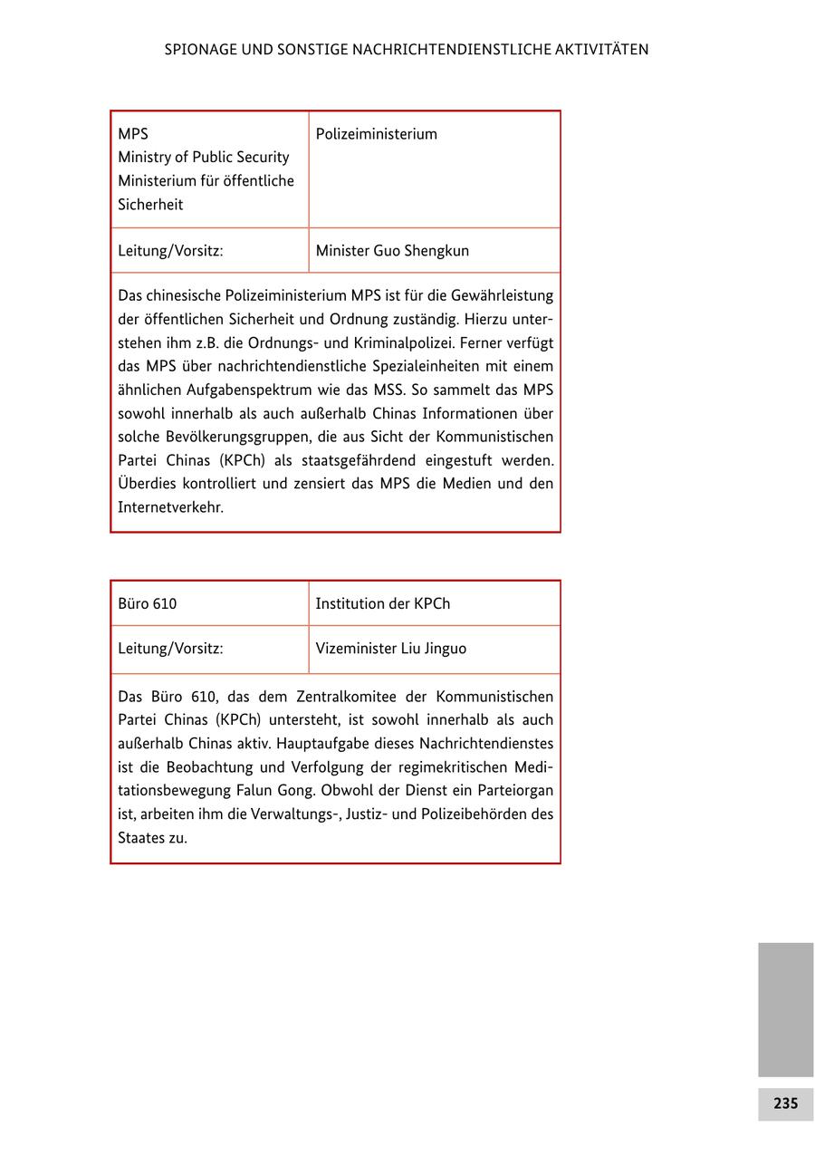 SPIONAGE UND SONSTIGE NACHRICHTENDIENSTLICHE AKTIVITÄTEN MPS Polizeiministerium Ministry of Public Security Ministerium für öffentliche Sicherheit Leitung/Vorsitz: Minister Guo Shengkun Das chinesische Polizeiministerium MPS ist für die Gewährleistung der öffentlichen Sicherheit und Ordnung zuständig. Hierzu unterstehen ihm z.B. die Ordnungsund Kriminalpolizei. Ferner verfügt das MPS über nachrichtendienstliche Spezialeinheiten mit einem ähnlichen Aufgabenspektrum wie das MSS. So sammelt das MPS sowohl innerhalb als auch außerhalb Chinas Informationen über solche Bevölkerungsgruppen, die aus Sicht der Kommunistischen Partei Chinas (KPCh) als staatsgefährdend eingestuft werden. Überdies kontrolliert und zensiert das MPS die Medien und den Internetverkehr. Büro 610 Institution der KPCh Leitung/Vorsitz: Vizeminister Liu Jinguo Das Büro 610, das dem Zentralkomitee der Kommunistischen Partei Chinas (KPCh) untersteht, ist sowohl innerhalb als auch außerhalb Chinas aktiv. Hauptaufgabe dieses Nachrichtendienstes ist die Beobachtung und Verfolgung der regimekritischen Meditationsbewegung Falun Gong. Obwohl der Dienst ein Parteiorgan ist, arbeiten ihm die Verwaltungs-, Justizund Polizeibehörden des Staates zu. 235