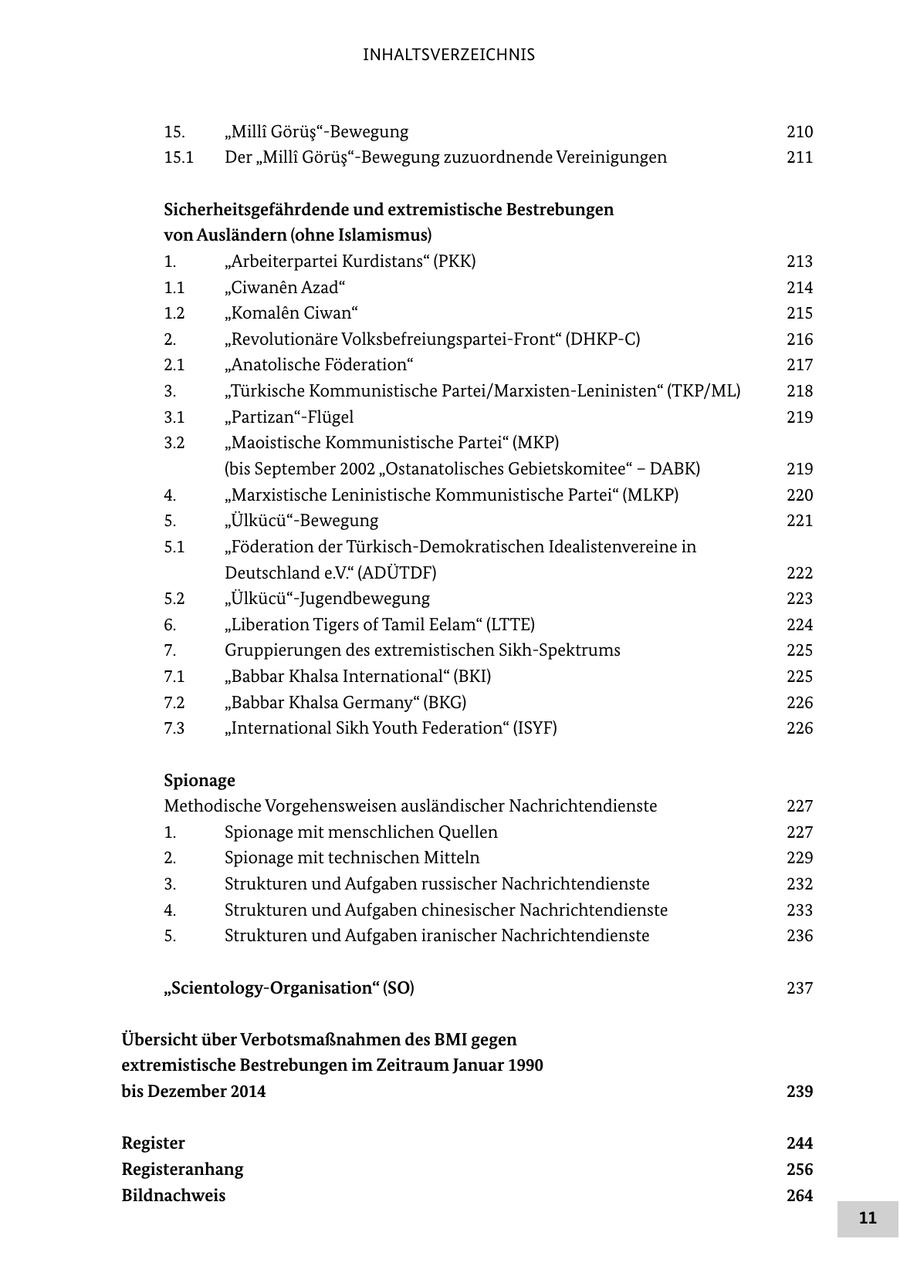 INHALTSVERZEICHNIS 15. "Milli Görüs"-Bewegung 210 15.1 Der "Milli Görüs"-Bewegung zuzuordnende Vereinigungen 211 Sicherheitsgefährdende und extremistische Bestrebungen von Ausländern (ohne Islamismus) 1. "Arbeiterpartei Kurdistans" (PKK) 213 1.1 "Ciwanen Azad" 214 1.2 "Komalen Ciwan" 215 2. "Revolutionäre Volksbefreiungspartei-Front" (DHKP-C) 216 2.1 "Anatolische Föderation" 217 3. "Türkische Kommunistische Partei/Marxisten-Leninisten" (TKP/ML) 218 3.1 "Partizan"-Flügel 219 3.2 "Maoistische Kommunistische Partei" (MKP) (bis September 2002 "Ostanatolisches Gebietskomitee" - DABK) 219 4. "Marxistische Leninistische Kommunistische Partei" (MLKP) 220 5. "Ülkücü"-Bewegung 221 5.1 "Föderation der Türkisch-Demokratischen Idealistenvereine in Deutschland e.V." (ADÜTDF) 222 5.2 "Ülkücü"-Jugendbewegung 223 6. "Liberation Tigers of Tamil Eelam" (LTTE) 224 7. Gruppierungen des extremistischen Sikh-Spektrums 225 7.1 "Babbar Khalsa International" (BKI) 225 7.2 "Babbar Khalsa Germany" (BKG) 226 7.3 "International Sikh Youth Federation" (ISYF) 226 Spionage Methodische Vorgehensweisen ausländischer Nachrichtendienste 227 1. Spionage mit menschlichen Quellen 227 2. Spionage mit technischen Mitteln 229 3. Strukturen und Aufgaben russischer Nachrichtendienste 232 4. Strukturen und Aufgaben chinesischer Nachrichtendienste 233 5. Strukturen und Aufgaben iranischer Nachrichtendienste 236 "Scientology-Organisation" (SO) 237 Übersicht über Verbotsmaßnahmen des BMI gegen extremistische Bestrebungen im Zeitraum Januar 1990 bis Dezember 2014 239 Register 244 Registeranhang 256 Bildnachweis 264 11