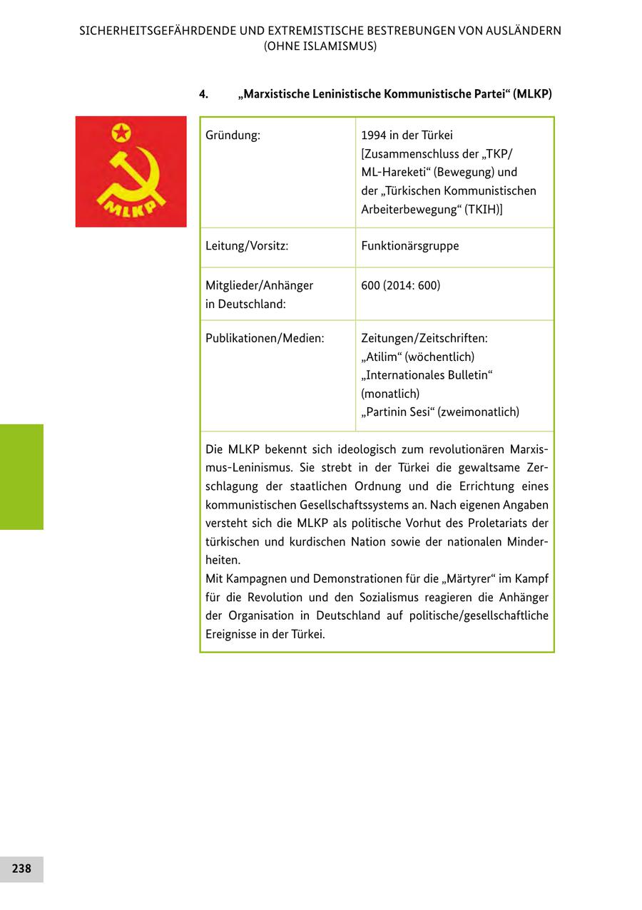 SICHERHEITSGEFÄHRDENDE UND EXTREMISTISCHE BESTREBUNGEN VON AUSLÄNDERN (OHNE ISLAMISMUS) 4. "Marxistische Leninistische Kommunistische Partei" (MLKP) Gründung: 1994 in der Türkei [Zusammenschluss der "TKP/ ML-Hareketi" (Bewegung) und der "Türkischen Kommunistischen Arbeiterbewegung" (TKIH)] Leitung/Vorsitz: Funktionärsgruppe Mitglieder/Anhänger 600 (2014: 600) in Deutschland: Publikationen/Medien: Zeitungen/Zeitschriften: "Atilim" (wöchentlich) "Internationales Bulletin" (monatlich) "Partinin Sesi" (zweimonatlich) Die MLKP bekennt sich ideologisch zum revolutionären Marxismus-Leninismus. Sie strebt in der Türkei die gewaltsame Zerschlagung der staatlichen Ordnung und die Errichtung eines kommunistischen Gesellschaftssystems an. Nach eigenen Angaben versteht sich die MLKP als politische Vorhut des Proletariats der türkischen und kurdischen Nation sowie der nationalen Minderheiten. Mit Kampagnen und Demonstrationen für die "Märtyrer" im Kampf für die Revolution und den Sozialismus reagieren die Anhänger der Organisation in Deutschland auf politische/gesellschaftliche Ereignisse in der Türkei. 238