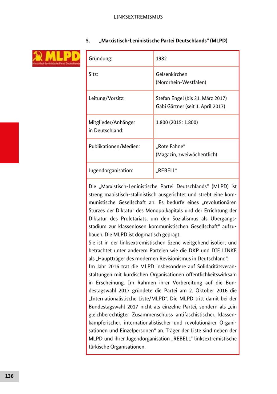LINKSEXTREMISMUS 5. "MarxistischLeninistische Partei Deutschlands" (MLPD) Gründung: 1982 Sitz: Gelsenkirchen (Nordrhein-Westfalen) Leitung/Vorsitz: Stefan Engel (bis 31. März 2017) Gabi Gärtner (seit 1. April 2017) Mitglieder/Anhänger 1.800 (2015: 1.800) in Deutschland: Publikationen/Medien: "Rote Fahne" (Magazin, zweiwöchentlich) Jugendorganisation: "REBELL" Die "Marxistisch-Leninistische Partei Deutschlands" (MLPD) ist streng maoistisch-stalinistisch ausgerichtet und strebt eine kommunistische Gesellschaft an. Es bedürfe eines "revolutionären Sturzes der Diktatur des Monopolkapitals und der Errichtung der Diktatur des Proletariats, um den Sozialismus als Übergangsstadium zur klassenlosen kommunistischen Gesellschaft" aufzubauen. Die MLPD ist dogmatisch geprägt. Sie ist in der linksextremistischen Szene weitgehend isoliert und betrachtet unter anderem Parteien wie die DKP und DIE LINKE als "Hauptträger des modernen Revisionismus in Deutschland". Im Jahr 2016 trat die MLPD insbesondere auf Solidaritätsveranstaltungen mit kurdischen Organisationen öffentlichkeitswirksam in Erscheinung. Im Rahmen ihrer Vorbereitung auf die Bundestagswahl 2017 gründete die Partei am 2. Oktober 2016 die "Internationalistische Liste/MLPD". Die MLPD tritt damit bei der Bundestagswahl 2017 nicht als einzelne Partei, sondern als "ein gleichberechtigter Zusammenschluss antifaschistischer, klassenkämpferischer, internationalistischer und revolutionärer Organisationen und Einzelpersonen" an. Träger der Liste sind neben der MLPD und ihrer Jugendorganisation "REBELL" linksextremistische türkische Organisationen. 136