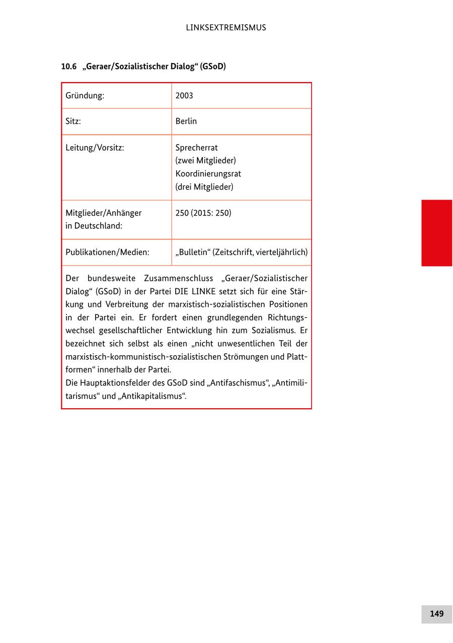 LINKSEXTREMISMUS 10.6 "Geraer/Sozialistischer Dialog" (GSoD) Gründung: 2003 Sitz: Berlin Leitung/Vorsitz: Sprecherrat (zwei Mitglieder) Koordinierungsrat (drei Mitglieder) Mitglieder/Anhänger 250 (2015: 250) in Deutschland: Publikationen/Medien: "Bulletin" (Zeitschrift, vierteljährlich) Der bundesweite Zusammenschluss "Geraer/Sozialistischer Dialog" (GSoD) in der Partei DIE LINKE setzt sich für eine Stärkung und Verbreitung der marxistisch-sozialistischen Positionen in der Partei ein. Er fordert einen grundlegenden Richtungswechsel gesellschaftlicher Entwicklung hin zum Sozialismus. Er bezeichnet sich selbst als einen "nicht unwesentlichen Teil der marxistisch-kommunistisch-sozialistischen Strömungen und Plattformen" innerhalb der Partei. Die Hauptaktionsfelder des GSoD sind "Antifaschismus", "Antimilitarismus" und "Antikapitalismus". 149