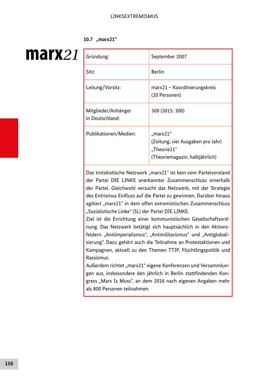 LINKSEXTREMISMUS 10.7 "marx21" Gründung: September 2007 Sitz: Berlin Leitung/Vorsitz: marx21 - Koordinierungskreis (20 Personen) Mitglieder/Anhänger 300 (2015: 300) in Deutschland: Publikationen/Medien: "marx21" (Zeitung, vier Ausgaben pro Jahr) "Theorie21" (Theoriemagazin, halbjährlich) Das trotzkistische Netzwerk "marx21" ist kein vom Parteivorstand der Partei DIE LINKE anerkannter Zusammenschluss innerhalb der Partei. Gleichwohl versucht das Netzwerk, mit der Strategie des Entrismus Einfluss auf die Partei zu gewinnen. Darüber hinaus agitiert "marx21" in dem offen extremistischen Zusammenschluss "Sozialistische Linke" (SL) der Partei DIE LINKE. Ziel ist die Errichtung einer kommunistischen Gesellschaftsordnung. Das Netzwerk betätigt sich hauptsächlich in den Aktionsfeldern "Antiimperialismus", "Antimilitarismus" und "Antiglobalisierung". Dazu gehört auch die Teilnahme an Protestaktionen und Kampagnen, aktuell zu den Themen TTIP, Flüchtlingspolitik und Rassismus. Außerdem richtet "marx21" eigene Konferenzen und Versammlungen aus, insbesondere den jährlich in Berlin stattfindenden Kongress "Marx Is Muss", an dem 2016 nach eigenen Angaben mehr als 800 Personen teilnahmen. 150