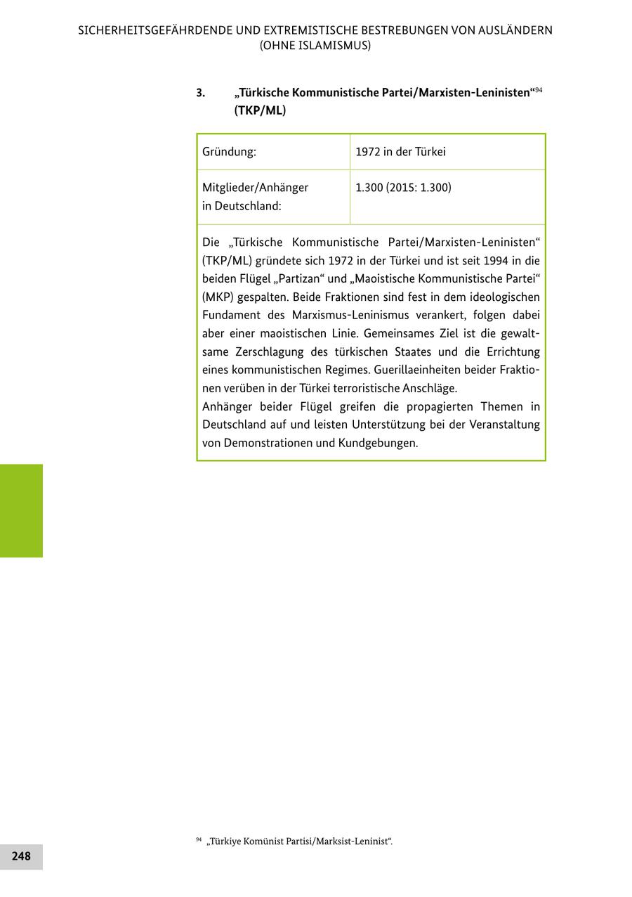 SICHERHEITSGEFÄHRDENDE UND EXTREMISTISCHE BESTREBUNGEN VON AUSLÄNDERN (OHNE ISLAMISMUS) 3. "Türkische Kommunistische Partei/MarxistenLeninisten"94 (TKP/ML) Gründung: 1972 in der Türkei Mitglieder/Anhänger 1.300 (2015: 1.300) in Deutschland: Die "Türkische Kommunistische Partei/Marxisten-Leninisten" (TKP/ML) gründete sich 1972 in der Türkei und ist seit 1994 in die beiden Flügel "Partizan" und "Maoistische Kommunistische Partei" (MKP) gespalten. Beide Fraktionen sind fest in dem ideologischen Fundament des Marxismus-Leninismus verankert, folgen dabei aber einer maoistischen Linie. Gemeinsames Ziel ist die gewaltsame Zerschlagung des türkischen Staates und die Errichtung eines kommunistischen Regimes. Guerillaeinheiten beider Fraktionen verüben in der Türkei terroristische Anschläge. Anhänger beider Flügel greifen die propagierten Themen in Deutschland auf und leisten Unterstützung bei der Veranstaltung von Demonstrationen und Kundgebungen. 94 "Türkiye Komünist Partisi/MarksistLeninist". 248