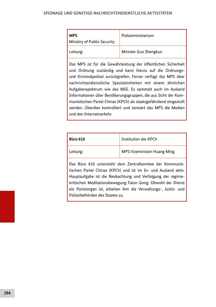 SPIONAGE UND SONSTIGE NACHRICHTENDIENSTLICHE AKTIVITÄTEN MPS Polizeiministerium Ministry of Public Security Leitung: Minister Guo Shengkun Das MPS ist für die Gewährleistung der öffentlichen Sicherheit und Ordnung zuständig und kann hierzu auf die Ordnungsund Kriminalpolizei zurückgreifen. Ferner verfügt das MPS über nachrichtendienstliche Spezialeinheiten mit einem ähnlichen Aufgabenspektrum wie das MSS. Es sammelt auch im Ausland Informationen über Bevölkerungsgruppen, die aus Sicht der Kommunistischen Partei Chinas (KPCh) als staatsgefährdend eingestuft werden. Überdies kontrolliert und zensiert das MPS die Medien und den Internetverkehr. Büro 610 Institution der KPCh Leitung: MPS Vizeminister Huang Ming Das Büro 610 untersteht dem Zentralkomitee der Kommunistischen Partei Chinas (KPCh) und ist im Inund Ausland aktiv. Hauptaufgabe ist die Beobachtung und Verfolgung der regimekritischen Meditationsbewegung Falun Gong. Obwohl der Dienst ein Parteiorgan ist, arbeiten ihm die Verwaltungs-, Justizund Polizeibehörden des Staates zu. 294