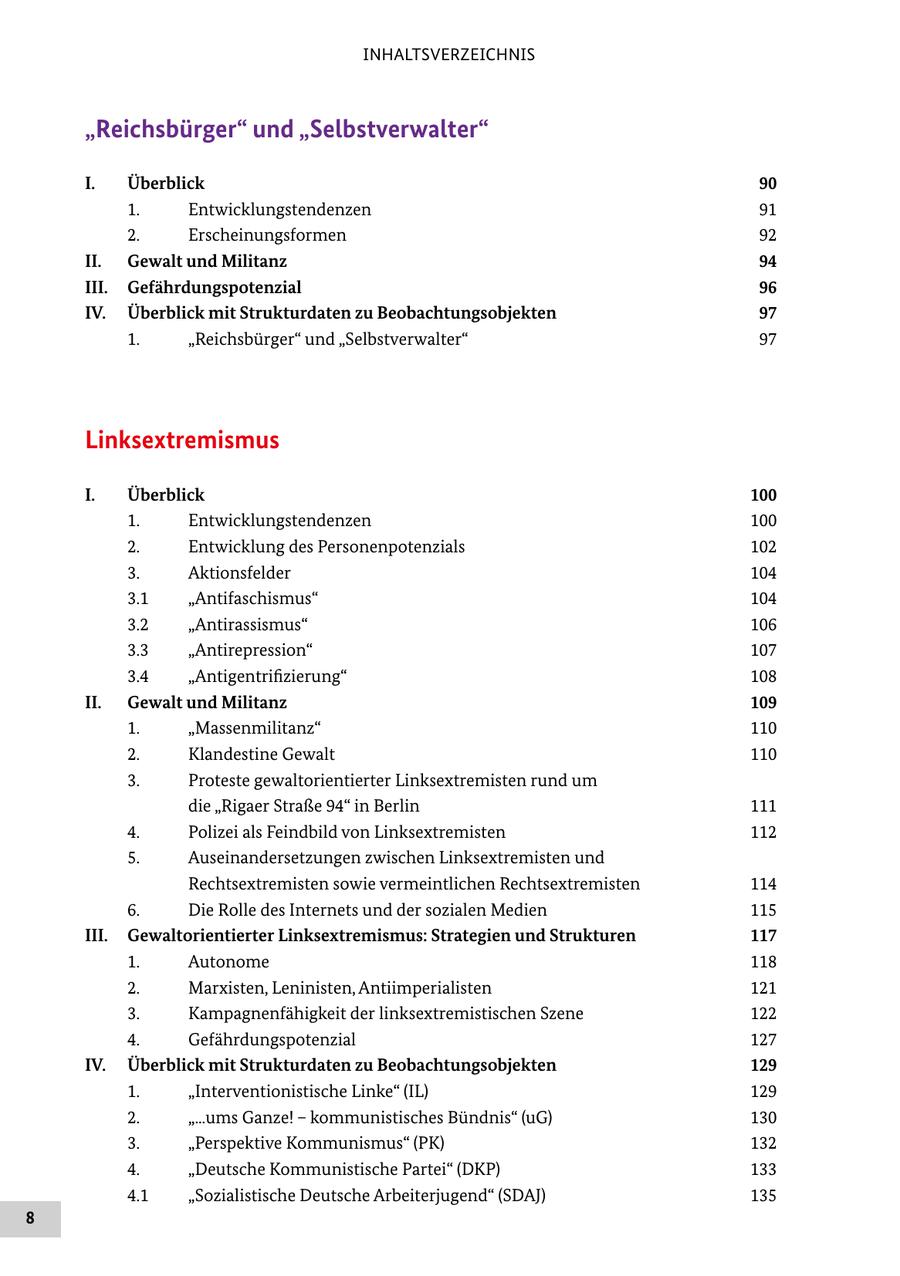 INHALTSVERZEICHNIS "Reichsbürger" und "Selbstverwalter" I. Überblick 90 1. Entwicklungstendenzen 91 2. Erscheinungsformen 92 II. Gewalt und Militanz 94 III. Gefährdungspotenzial 96 IV. Überblick mit Strukturdaten zu Beobachtungsobjekten 97 1. "Reichsbürger" und "Selbstverwalter" 97 Linksextremismus I. Überblick 100 1. Entwicklungstendenzen 100 2. Entwicklung des Personenpotenzials 102 3. Aktionsfelder 104 3.1 "Antifaschismus" 104 3.2 "Antirassismus" 106 3.3 "Antirepression" 107 3.4 "Antigentrifizierung" 108 II. Gewalt und Militanz 109 1. "Massenmilitanz" 110 2. Klandestine Gewalt 110 3. Proteste gewaltorientierter Linksextremisten rund um die "Rigaer Straße 94" in Berlin 111 4. Polizei als Feindbild von Linksextremisten 112 5. Auseinandersetzungen zwischen Linksextremisten und Rechtsextremisten sowie vermeintlichen Rechtsextremisten 114 6. Die Rolle des Internets und der sozialen Medien 115 III. Gewaltorientierter Linksextremismus: Strategien und Strukturen 117 1. Autonome 118 2. Marxisten, Leninisten, Antiimperialisten 121 3. Kampagnenfähigkeit der linksextremistischen Szene 122 4. Gefährdungspotenzial 127 IV. Überblick mit Strukturdaten zu Beobachtungsobjekten 129 1. "Interventionistische Linke" (IL) 129 2. "...ums Ganze! - kommunistisches Bündnis" (uG) 130 3. "Perspektive Kommunismus" (PK) 132 4. "Deutsche Kommunistische Partei" (DKP) 133 4.1 "Sozialistische Deutsche Arbeiterjugend" (SDAJ) 135 8