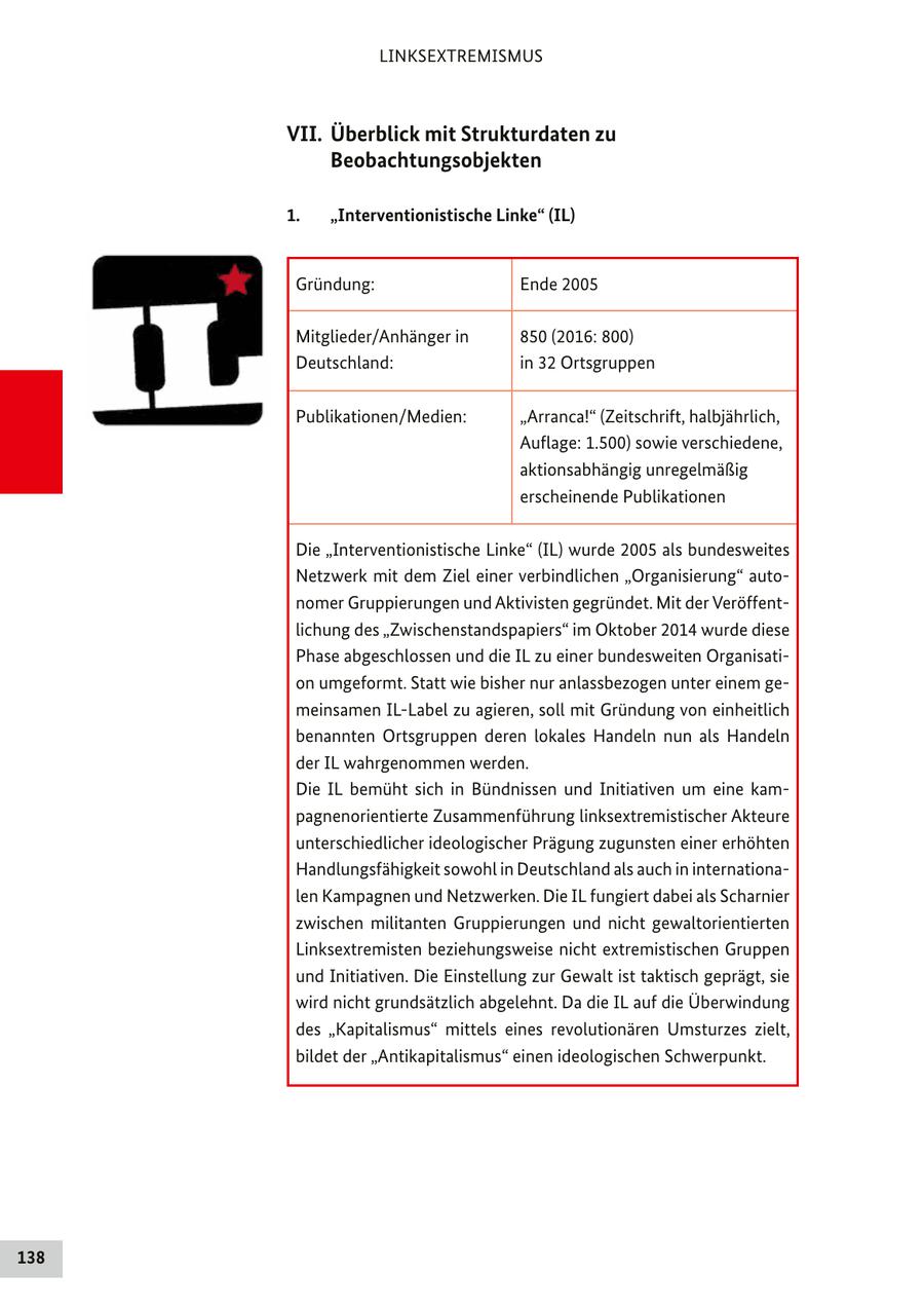 LINKSEXTREMISMUS VII. Überblick mit Strukturdaten zu Beobachtungsobjekten 1. "Interventionistische Linke" (IL) Gründung: Ende 2005 Mitglieder/Anhänger in 850 (2016: 800) Deutschland: in 32 Ortsgruppen Publikationen/Medien: "Arranca!" (Zeitschrift, halbjährlich, Auflage: 1.500) sowie verschiedene, aktionsabhängig unregelmäßig erscheinende Publikationen Die "Interventionistische Linke" (IL) wurde 2005 als bundesweites Netzwerk mit dem Ziel einer verbindlichen "Organisierung" autonomer Gruppierungen und Aktivisten gegründet. Mit der Veröffentlichung des "Zwischenstandspapiers" im Oktober 2014 wurde diese Phase abgeschlossen und die IL zu einer bundesweiten Organisation umgeformt. Statt wie bisher nur anlassbezogen unter einem gemeinsamen IL-Label zu agieren, soll mit Gründung von einheitlich benannten Ortsgruppen deren lokales Handeln nun als Handeln der IL wahrgenommen werden. Die IL bemüht sich in Bündnissen und Initiativen um eine kampagnenorientierte Zusammenführung linksextremistischer Akteure unterschiedlicher ideologischer Prägung zugunsten einer erhöhten Handlungsfähigkeit sowohl in Deutschland als auch in internationalen Kampagnen und Netzwerken. Die IL fungiert dabei als Scharnier zwischen militanten Gruppierungen und nicht gewaltorientierten Linksextremisten beziehungsweise nicht extremistischen Gruppen und Initiativen. Die Einstellung zur Gewalt ist taktisch geprägt, sie wird nicht grundsätzlich abgelehnt. Da die IL auf die Überwindung des "Kapitalismus" mittels eines revolutionären Umsturzes zielt, bildet der "Antikapitalismus" einen ideologischen Schwerpunkt. 138