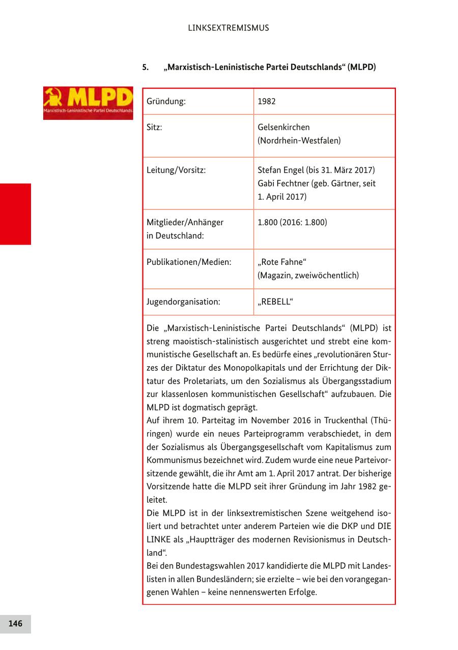 LINKSEXTREMISMUS 5. "Marxistisch-Leninistische Partei Deutschlands" (MLPD) Gründung: 1982 Sitz: Gelsenkirchen (Nordrhein-Westfalen) Leitung/Vorsitz: Stefan Engel (bis 31. März 2017) Gabi Fechtner (geb. Gärtner, seit 1. April 2017) Mitglieder/Anhänger 1.800 (2016: 1.800) in Deutschland: Publikationen/Medien: "Rote Fahne" (Magazin, zweiwöchentlich) Jugendorganisation: "REBELL" Die "Marxistisch-Leninistische Partei Deutschlands" (MLPD) ist streng maoistisch-stalinistisch ausgerichtet und strebt eine kommunistische Gesellschaft an. Es bedürfe eines "revolutionären Sturzes der Diktatur des Monopolkapitals und der Errichtung der Diktatur des Proletariats, um den Sozialismus als Übergangsstadium zur klassenlosen kommunistischen Gesellschaft" aufzubauen. Die MLPD ist dogmatisch geprägt. Auf ihrem 10. Parteitag im November 2016 in Truckenthal (Thüringen) wurde ein neues Parteiprogramm verabschiedet, in dem der Sozialismus als Übergangsgesellschaft vom Kapitalismus zum Kommunismus bezeichnet wird. Zudem wurde eine neue Parteivorsitzende gewählt, die ihr Amt am 1. April 2017 antrat. Der bisherige Vorsitzende hatte die MLPD seit ihrer Gründung im Jahr 1982 geleitet. Die MLPD ist in der linksextremistischen Szene weitgehend isoliert und betrachtet unter anderem Parteien wie die DKP und DIE LINKE als "Hauptträger des modernen Revisionismus in Deutschland". Bei den Bundestagswahlen 2017 kandidierte die MLPD mit Landeslisten in allen Bundesländern; sie erzielte - wie bei den vorangegangenen Wahlen - keine nennenswerten Erfolge. 146
