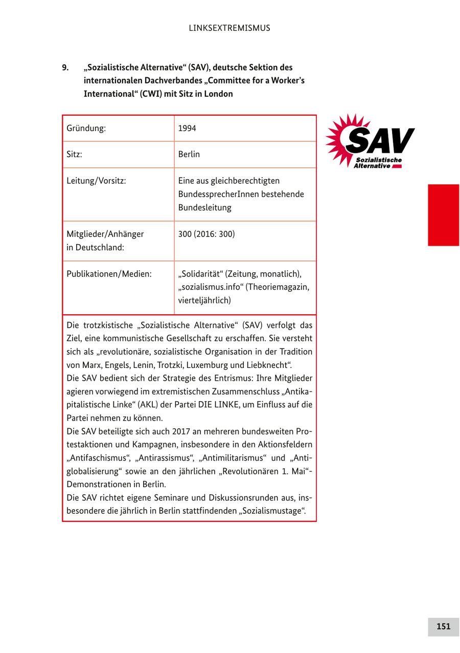 LINKSEXTREMISMUS 9. "Sozialistische Alternative" (SAV), deutsche Sektion des internationalen Dachverbandes "Committee for a Worker's International" (CWI) mit Sitz in London Gründung: 1994 Sitz: Berlin Leitung/Vorsitz: Eine aus gleichberechtigten BundessprecherInnen bestehende Bundesleitung Mitglieder/Anhänger 300 (2016: 300) in Deutschland: Publikationen/Medien: "Solidarität" (Zeitung, monatlich), "sozialismus.info" (Theoriemagazin, vierteljährlich) Die trotzkistische "Sozialistische Alternative" (SAV) verfolgt das Ziel, eine kommunistische Gesellschaft zu erschaffen. Sie versteht sich als "revolutionäre, sozialistische Organisation in der Tradition von Marx, Engels, Lenin, Trotzki, Luxemburg und Liebknecht". Die SAV bedient sich der Strategie des Entrismus: Ihre Mitglieder agieren vorwiegend im extremistischen Zusammenschluss "Antikapitalistische Linke" (AKL) der Partei DIE LINKE, um Einfluss auf die Partei nehmen zu können. Die SAV beteiligte sich auch 2017 an mehreren bundesweiten Protestaktionen und Kampagnen, insbesondere in den Aktionsfeldern "Antifaschismus", "Antirassismus", "Antimilitarismus" und "Antiglobalisierung" sowie an den jährlichen "Revolutionären 1. Mai"Demonstrationen in Berlin. Die SAV richtet eigene Seminare und Diskussionsrunden aus, insbesondere die jährlich in Berlin stattfindenden "Sozialismustage". 151