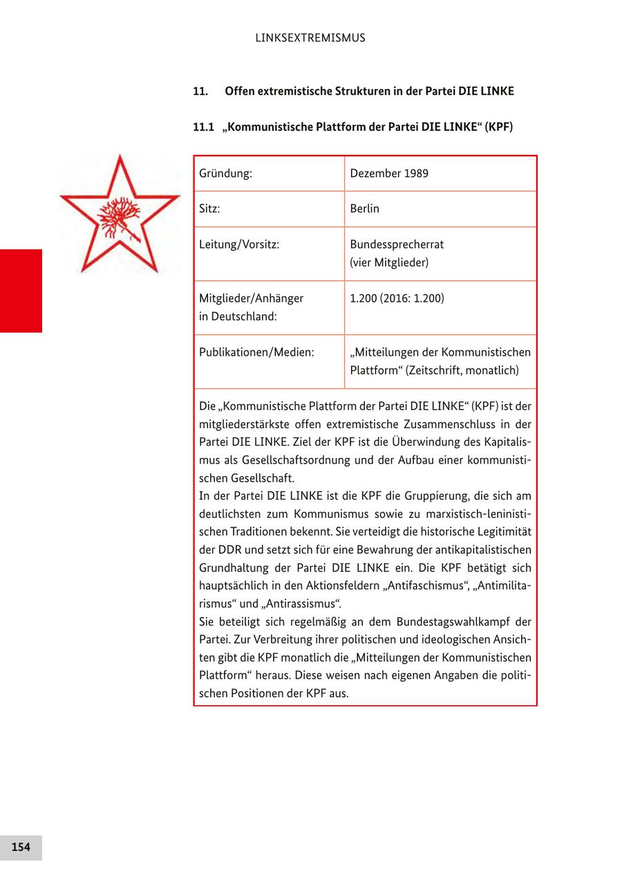 LINKSEXTREMISMUS 11. Offen extremistische Strukturen in der Partei DIE LINKE 11.1 "Kommunistische Plattform der Partei DIE LINKE" (KPF) Gründung: Dezember 1989 Sitz: Berlin Leitung/Vorsitz: Bundessprecherrat (vier Mitglieder) Mitglieder/Anhänger 1.200 (2016: 1.200) in Deutschland: Publikationen/Medien: "Mitteilungen der Kommunistischen Plattform" (Zeitschrift, monatlich) Die "Kommunistische Plattform der Partei DIE LINKE" (KPF) ist der mitgliederstärkste offen extremistische Zusammenschluss in der Partei DIE LINKE. Ziel der KPF ist die Überwindung des Kapitalismus als Gesellschaftsordnung und der Aufbau einer kommunistischen Gesellschaft. In der Partei DIE LINKE ist die KPF die Gruppierung, die sich am deutlichsten zum Kommunismus sowie zu marxistisch-leninistischen Traditionen bekennt. Sie verteidigt die historische Legitimität der DDR und setzt sich für eine Bewahrung der antikapitalistischen Grundhaltung der Partei DIE LINKE ein. Die KPF betätigt sich hauptsächlich in den Aktionsfeldern "Antifaschismus", "Antimilitarismus" und "Antirassismus". Sie beteiligt sich regelmäßig an dem Bundestagswahlkampf der Partei. Zur Verbreitung ihrer politischen und ideologischen Ansichten gibt die KPF monatlich die "Mitteilungen der Kommunistischen Plattform" heraus. Diese weisen nach eigenen Angaben die politischen Positionen der KPF aus. 154