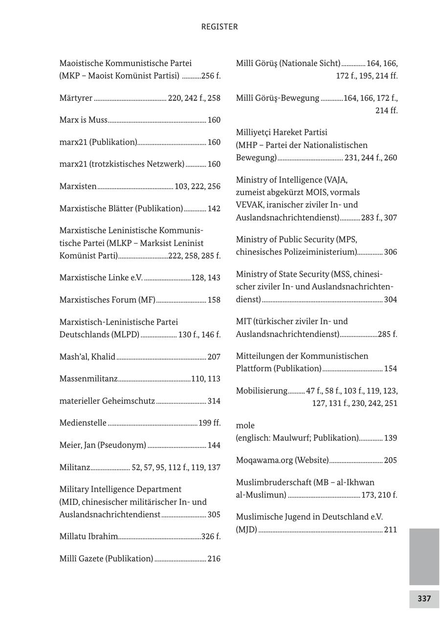 REGISTER Maoistische Kommunistische Partei Milli Görüs (Nationale Sicht) .............. 164, 166, (MKP - Maoist Komünist Partisi) ...........256 f. 172 f., 195, 214 ff. Märtyrer .......................................... 220, 242 f., 258 Milli Görüs-Bewegung .............164, 166, 172 f., 214 ff. Marx is Muss......................................................... 160 Milliyetci Hareket Partisi marx21 (Publikation)........................................ 160 (MHP - Partei der Nationalistischen Bewegung) ...................................... 231, 244 f., 260 marx21 (trotzkistisches Netzwerk) ............ 160 Ministry of Intelligence (VAJA, Marxisten ............................................ 103, 222, 256 zumeist abgekürzt MOIS, vormals Marxistische Blätter (Publikation) ............. 142 VEVAK, iranischer ziviler Inund Auslandsnachrichtendienst) ............283 f., 307 Marxistische Leninistische Kommunistische Partei (MLKP - Marksist Leninist Ministry of Public Security (MPS, Komünist Parti) .............................222, 258, 285 f. chinesisches Polizeiministerium)............... 306 Marxistische Linke e.V. ...........................128, 143 Ministry of State Security (MSS, chinesischer ziviler Inund AuslandsnachrichtenMarxistisches Forum (MF) ............................. 158 dienst) ...................................................................... 304 Marxistisch-Leninistische Partei MIT (türkischer ziviler Inund Deutschlands (MLPD) ..................... 130 f., 146 f. Auslandsnachrichtendienst) ......................285 f. Mash'al, Khalid .................................................... 207 Mitteilungen der Kommunistischen Plattform (Publikation) ................................... 154 Massenmilitanz ..........................................110, 113 Mobilisierung.......... 47 f., 58 f., 103 f., 119, 123, materieller Geheimschutz ............................. 314 127, 131 f., 230, 242, 251 Medienstelle ....................................................199 ff. mole (englisch: Maulwurf; Publikation).............. 139 Meier, Jan (Pseudonym) .................................. 144 Moqawama.org (Website) ............................... 205 Militanz....................... 52, 57, 95, 112 f., 119, 137 Muslimbruderschaft (MB - al-Ikhwan Military Intelligence Department al-Muslimun) .......................................... 173, 210 f. (MID, chinesischer militärischer Inund Auslandsnachrichtendienst .......................... 305 Muslimische Jugend in Deutschland e.V. (MJD) ........................................................................ 211 Millatu Ibrahim................................................326 f. MillA(r) Gazete (Publikation) .............................. 216 337