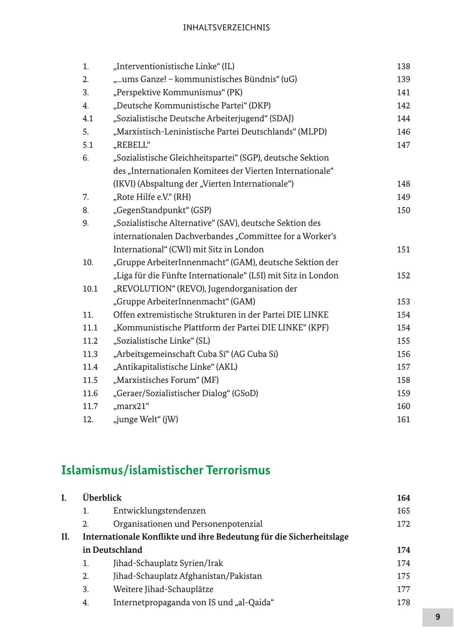 INHALTSVERZEICHNIS 1. "Interventionistische Linke" (IL) 138 2. "...ums Ganze! - kommunistisches Bündnis" (uG) 139 3. "Perspektive Kommunismus" (PK) 141 4. "Deutsche Kommunistische Partei" (DKP) 142 4.1 "Sozialistische Deutsche Arbeiterjugend" (SDAJ) 144 5. "Marxistisch-Leninistische Partei Deutschlands" (MLPD) 146 5.1 "REBELL" 147 6. "Sozialistische Gleichheitspartei" (SGP), deutsche Sektion des "Internationalen Komitees der Vierten Internationale" (IKVI) (Abspaltung der "Vierten Internationale") 148 7. "Rote Hilfe e.V." (RH) 149 8. "GegenStandpunkt" (GSP) 150 9. "Sozialistische Alternative" (SAV), deutsche Sektion des internationalen Dachverbandes "Committee for a Worker's International" (CWI) mit Sitz in London 151 10. "Gruppe ArbeiterInnenmacht" (GAM), deutsche Sektion der "Liga für die Fünfte Internationale" (L5I) mit Sitz in London 152 10.1 "REVOLUTION" (REVO), Jugendorganisation der "Gruppe ArbeiterInnenmacht" (GAM) 153 11. Offen extremistische Strukturen in der Partei DIE LINKE 154 11.1 "Kommunistische Plattform der Partei DIE LINKE" (KPF) 154 11.2 "Sozialistische Linke" (SL) 155 11.3 "Arbeitsgemeinschaft Cuba Si" (AG Cuba Si) 156 11.4 "Antikapitalistische Linke" (AKL) 157 11.5 "Marxistisches Forum" (MF) 158 11.6 "Geraer/Sozialistischer Dialog" (GSoD) 159 11.7 "marx21" 160 12. "junge Welt" (jW) 161 Islamismus/islamistischer Terrorismus I. Überblick 164 1. Entwicklungstendenzen 165 2. Organisationen und Personenpotenzial 172 II. Internationale Konflikte und ihre Bedeutung für die Sicherheitslage in Deutschland 174 1. Jihad-Schauplatz Syrien/Irak 174 2. Jihad-Schauplatz Afghanistan/Pakistan 175 3. Weitere Jihad-Schauplätze 177 4. Internetpropaganda von IS und "al-Qaida" 178 9