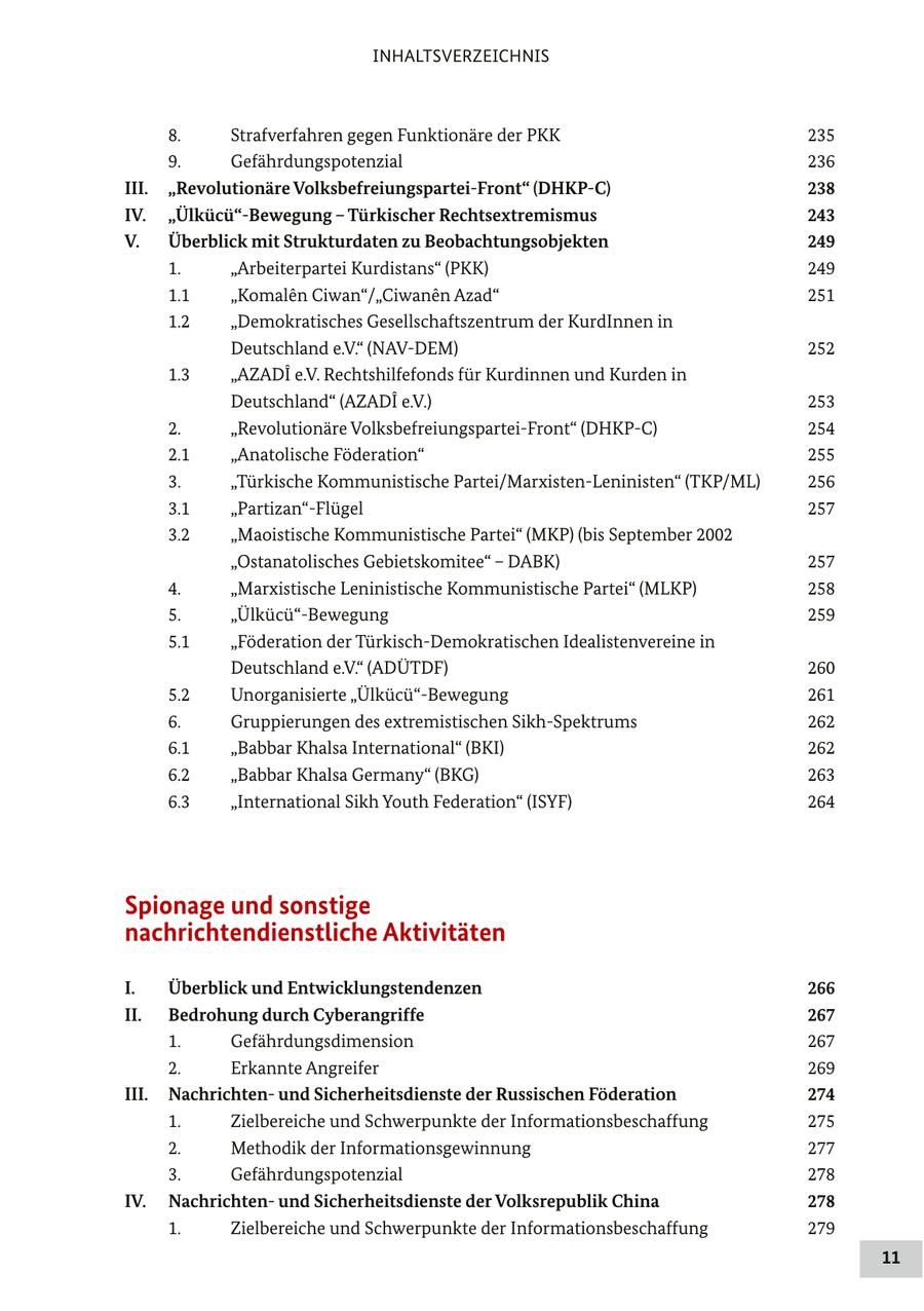 INHALTSVERZEICHNIS 8. Strafverfahren gegen Funktionäre der PKK 235 9. Gefährdungspotenzial 236 III. "Revolutionäre Volksbefreiungspartei-Front" (DHKP-C) 238 IV. "Ülkücü"-Bewegung - Türkischer Rechtsextremismus 243 V. Überblick mit Strukturdaten zu Beobachtungsobjekten 249 1. "Arbeiterpartei Kurdistans" (PKK) 249 1.1 "Komalen Ciwan"/"Ciwanen Azad" 251 1.2 "Demokratisches Gesellschaftszentrum der KurdInnen in Deutschland e.V." (NAV-DEM) 252 1.3 "AZADI e.V. Rechtshilfefonds für Kurdinnen und Kurden in Deutschland" (AZADI e.V.) 253 2. "Revolutionäre Volksbefreiungspartei-Front" (DHKP-C) 254 2.1 "Anatolische Föderation" 255 3. "Türkische Kommunistische Partei/Marxisten-Leninisten" (TKP/ML) 256 3.1 "Partizan"-Flügel 257 3.2 "Maoistische Kommunistische Partei" (MKP) (bis September 2002 "Ostanatolisches Gebietskomitee" - DABK) 257 4. "Marxistische Leninistische Kommunistische Partei" (MLKP) 258 5. "Ülkücü"-Bewegung 259 5.1 "Föderation der Türkisch-Demokratischen Idealistenvereine in Deutschland e.V." (ADÜTDF) 260 5.2 Unorganisierte "Ülkücü"-Bewegung 261 6. Gruppierungen des extremistischen Sikh-Spektrums 262 6.1 "Babbar Khalsa International" (BKI) 262 6.2 "Babbar Khalsa Germany" (BKG) 263 6.3 "International Sikh Youth Federation" (ISYF) 264 Spionage und sonstige nachrichtendienstliche Aktivitäten I. Überblick und Entwicklungstendenzen 266 II. Bedrohung durch Cyberangriffe 267 1. Gefährdungsdimension 267 2. Erkannte Angreifer 269 III. Nachrichtenund Sicherheitsdienste der Russischen Föderation 274 1. Zielbereiche und Schwerpunkte der Informationsbeschaffung 275 2. Methodik der Informationsgewinnung 277 3. Gefährdungspotenzial 278 IV. Nachrichtenund Sicherheitsdienste der Volksrepublik China 278 1. Zielbereiche und Schwerpunkte der Informationsbeschaffung 279 11