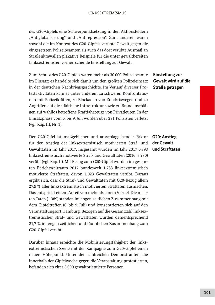 LINKSEXTREMISMUS des G20-Gipfels eine Schwerpunktsetzung in den Aktionsfeldern "Antiglobalisierung" und "Antirepression". Zum anderen waren sowohl die im Kontext des G20-Gipfels verübte Gewalt gegen die eingesetzten Polizeibeamten als auch das dort verübte Ausmaß an Straßenkrawallen plakative Beispiele für die unter gewaltbereiten Linksextremisten vorherrschende Einstellung zur Gewalt. Zum Schutz des G20-Gipfels waren mehr als 30.000 Polizeibeamte Einstellung zur im Einsatz; es handelte sich damit um den größten Polizeieinsatz Gewalt wird auf die in der deutschen Nachkriegsgeschichte. Im Verlauf diverser ProStraße getragen testaktivitäten kam es unter anderem zu schweren Konfrontationen mit Polizeikräften, zu Blockaden von Zufahrtswegen und zu Angriffen auf die städtische Infrastruktur sowie zu Brandanschlägen auf wahllos betroffene Kraftfahrzeuge von Privatleuten. In der Einsatzphase vom 6. bis 9. Juli wurden über 231 Polizisten verletzt (vgl. Kap. III, Nr. 1). Der G20-Gifel ist maßgeblicher und ausschlaggebender Faktor G20: Anstieg für den Anstieg der linksextremistisch motivierten Strafund der GewaltGewalttaten im Jahr 2017. Insgesamt wurden im Jahr 2017 6.393 und Straftaten linksextremistisch motivierte Strafund Gewalttaten (2016: 5.230) verübt (vgl. Kap. II). Mit Bezug zum G20-Gipfel wurden im gesamten Berichtszeitraum 2017 bundesweit 1.783 linksextremistisch motivierte Straftaten, davon 1.023 Gewalttaten verübt. Daraus ergibt sich, dass die Strafund Gewalttaten mit G20-Bezug allein 27,9 % aller linksextremistisch motivierten Straftaten ausmachen. Das entspricht einem Anteil von mehr als einem Viertel. Die meisten Taten (1.389) standen im engen zeitlichen Zusammenhang mit dem Gipfeltreffen (6. bis 9. Juli) und konzentrierten sich auf den Veranstaltungsort Hamburg. Bezogen auf die Gesamtzahl linksextremistischer Strafund Gewalttaten wurden dementsprechend 21,7 % im engen zeitlichen und räumlichen Zusammenhang zum G20-Gipfel verübt. Darüber hinaus erreichte die Mobilisierungsfähigkeit der linksextremistischen Szene mit der Kampagne zum G20-Gipfel einen neuen Höhepunkt. Unter den zahlreichen Demonstranten, die innerhalb der Gipfelwoche gegen die Veranstaltung protestierten, befanden sich circa 8.000 gewaltorientierte Personen. 101