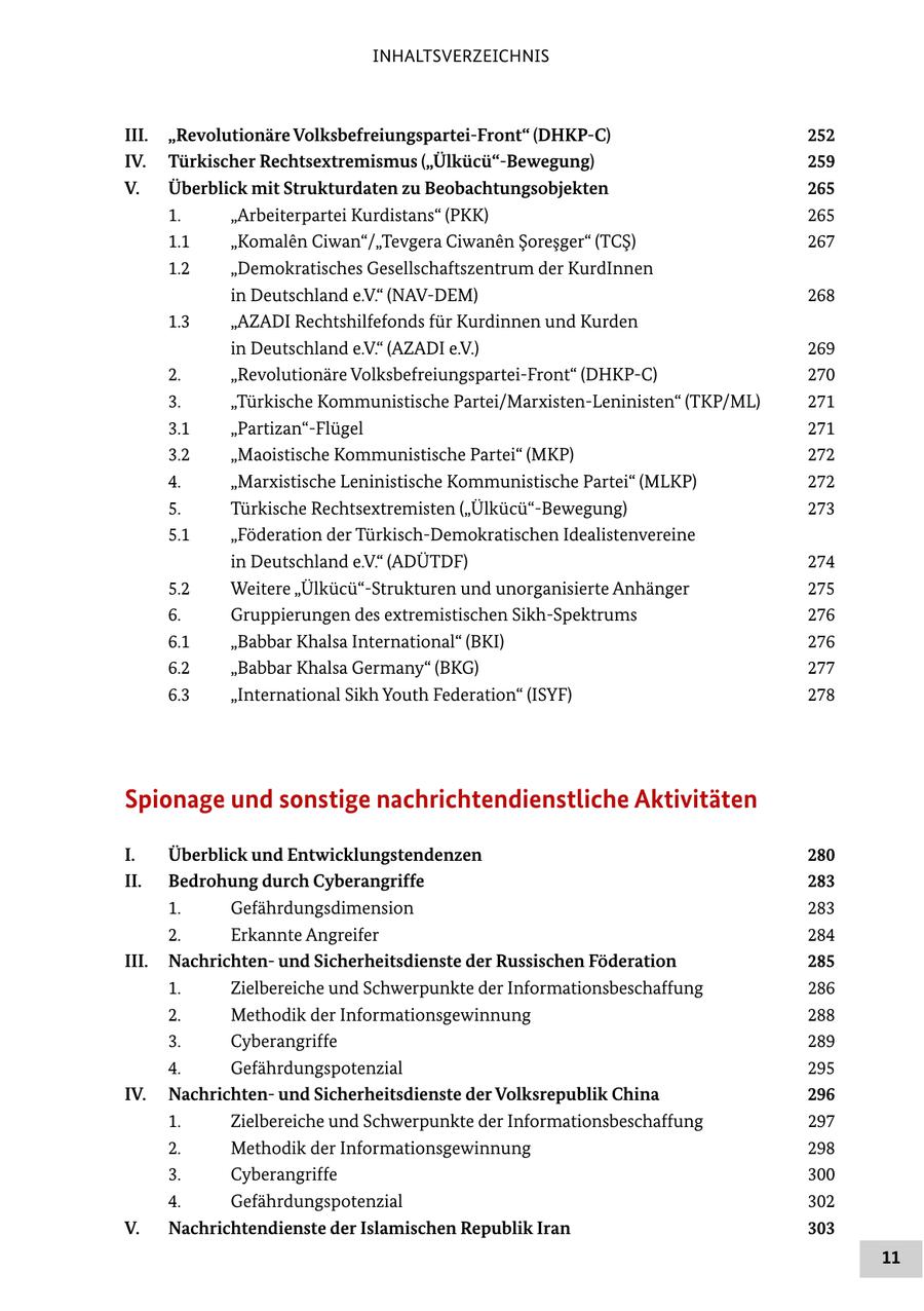 INHALTSVERZEICHNIS III. "Revolutionäre Volksbefreiungspartei-Front" (DHKP-C) 252 IV. Türkischer Rechtsextremismus ("Ülkücü"-Bewegung) 259 V. Überblick mit Strukturdaten zu Beobachtungsobjekten 265 1. "Arbeiterpartei Kurdistans" (PKK) 265 1.1 "Komalen Ciwan"/"Tevgera Ciwanen Soresger" (TCS) 267 1.2 "Demokratisches Gesellschaftszentrum der KurdInnen in Deutschland e.V." (NAV-DEM) 268 1.3 "AZADI Rechtshilfefonds für Kurdinnen und Kurden in Deutschland e.V." (AZADI e.V.) 269 2. "Revolutionäre Volksbefreiungspartei-Front" (DHKP-C) 270 3. "Türkische Kommunistische Partei/Marxisten-Leninisten" (TKP/ML) 271 3.1 "Partizan"-Flügel 271 3.2 "Maoistische Kommunistische Partei" (MKP) 272 4. "Marxistische Leninistische Kommunistische Partei" (MLKP) 272 5. Türkische Rechtsextremisten ("Ülkücü"-Bewegung) 273 5.1 "Föderation der Türkisch-Demokratischen Idealistenvereine in Deutschland e.V." (ADÜTDF) 274 5.2 Weitere "Ülkücü"-Strukturen und unorganisierte Anhänger 275 6. Gruppierungen des extremistischen Sikh-Spektrums 276 6.1 "Babbar Khalsa International" (BKI) 276 6.2 "Babbar Khalsa Germany" (BKG) 277 6.3 "International Sikh Youth Federation" (ISYF) 278 Spionage und sonstige nachrichtendienstliche Aktivitäten I. Überblick und Entwicklungstendenzen 280 II. Bedrohung durch Cyberangriffe 283 1. Gefährdungsdimension 283 2. Erkannte Angreifer 284 III. Nachrichtenund Sicherheitsdienste der Russischen Föderation 285 1. Zielbereiche und Schwerpunkte der Informationsbeschaffung 286 2. Methodik der Informationsgewinnung 288 3. Cyberangriffe 289 4. Gefährdungspotenzial 295 IV. Nachrichtenund Sicherheitsdienste der Volksrepublik China 296 1. Zielbereiche und Schwerpunkte der Informationsbeschaffung 297 2. Methodik der Informationsgewinnung 298 3. Cyberangriffe 300 4. Gefährdungspotenzial 302 V. Nachrichtendienste der Islamischen Republik Iran 303 11