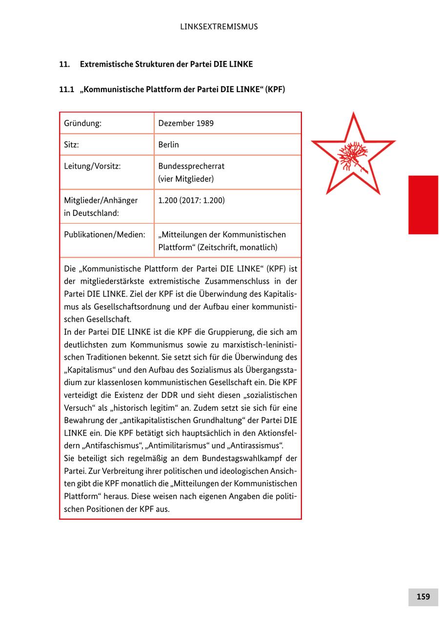 LINKSEXTREMISMUS 11. Extremistische Strukturen der Partei DIE LINKE 11.1 "Kommunistische Plattform der Partei DIE LINKE" (KPF) Gründung: Dezember 1989 Sitz: Berlin Leitung/Vorsitz: Bundessprecherrat (vier Mitglieder) Mitglieder/Anhänger 1.200 (2017: 1.200) in Deutschland: Publikationen/Medien: "Mitteilungen der Kommunistischen Plattform" (Zeitschrift, monatlich) Die "Kommunistische Plattform der Partei DIE LINKE" (KPF) ist der mitgliederstärkste extremistische Zusammenschluss in der Partei DIE LINKE. Ziel der KPF ist die Überwindung des Kapitalismus als Gesellschaftsordnung und der Aufbau einer kommunistischen Gesellschaft. In der Partei DIE LINKE ist die KPF die Gruppierung, die sich am deutlichsten zum Kommunismus sowie zu marxistisch-leninistischen Traditionen bekennt. Sie setzt sich für die Überwindung des "Kapitalismus" und den Aufbau des Sozialismus als Übergangsstadium zur klassenlosen kommunistischen Gesellschaft ein. Die KPF verteidigt die Existenz der DDR und sieht diesen "sozialistischen Versuch" als "historisch legitim" an. Zudem setzt sie sich für eine Bewahrung der "antikapitalistischen Grundhaltung" der Partei DIE LINKE ein. Die KPF betätigt sich hauptsächlich in den Aktionsfeldern "Antifaschismus", "Antimilitarismus" und "Antirassismus". Sie beteiligt sich regelmäßig an dem Bundestagswahlkampf der Partei. Zur Verbreitung ihrer politischen und ideologischen Ansichten gibt die KPF monatlich die "Mitteilungen der Kommunistischen Plattform" heraus. Diese weisen nach eigenen Angaben die politischen Positionen der KPF aus. 159