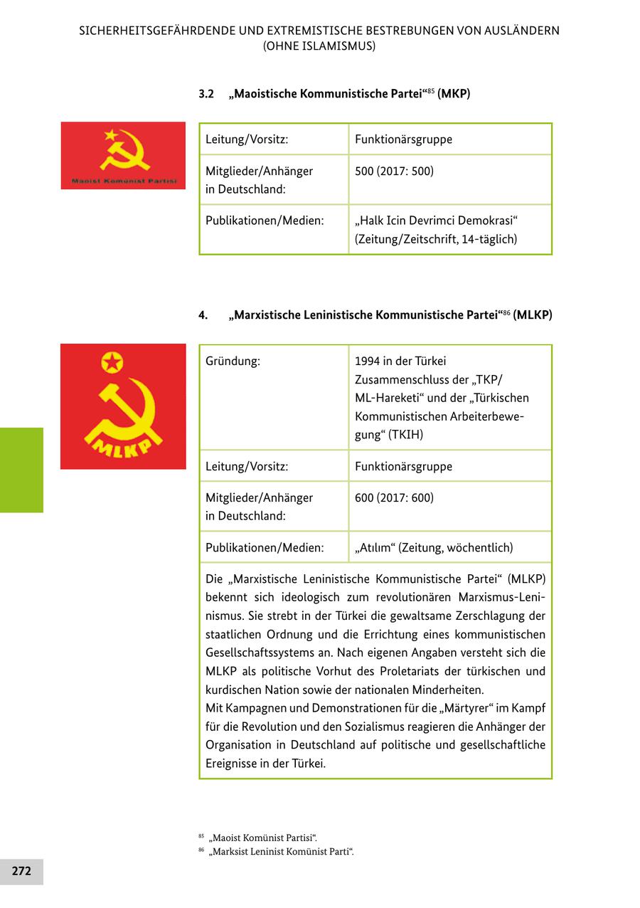 SICHERHEITSGEFÄHRDENDE UND EXTREMISTISCHE BESTREBUNGEN VON AUSLÄNDERN (OHNE ISLAMISMUS) 3.2 "Maoistische Kommunistische Partei"85 (MKP) Leitung/Vorsitz: Funktionärsgruppe Mitglieder/Anhänger 500 (2017: 500) in Deutschland: Publikationen/Medien: "Halk Icin Devrimci Demokrasi" (Zeitung/Zeitschrift, 14-täglich) 4. "Marxistische Leninistische Kommunistische Partei"86 (MLKP) Gründung: 1994 in der Türkei Zusammenschluss der "TKP/ ML-Hareketi" und der "Türkischen Kommunistischen Arbeiterbewegung" (TKIH) Leitung/Vorsitz: Funktionärsgruppe Mitglieder/Anhänger 600 (2017: 600) in Deutschland: Publikationen/Medien: "Atilim" (Zeitung, wöchentlich) Die "Marxistische Leninistische Kommunistische Partei" (MLKP) bekennt sich ideologisch zum revolutionären Marxismus-Leninismus. Sie strebt in der Türkei die gewaltsame Zerschlagung der staatlichen Ordnung und die Errichtung eines kommunistischen Gesellschaftssystems an. Nach eigenen Angaben versteht sich die MLKP als politische Vorhut des Proletariats der türkischen und kurdischen Nation sowie der nationalen Minderheiten. Mit Kampagnen und Demonstrationen für die "Märtyrer" im Kampf für die Revolution und den Sozialismus reagieren die Anhänger der Organisation in Deutschland auf politische und gesellschaftliche Ereignisse in der Türkei. 85 "Maoist Komünist Partisi". 86 "Marksist Leninist Komünist Parti". 272