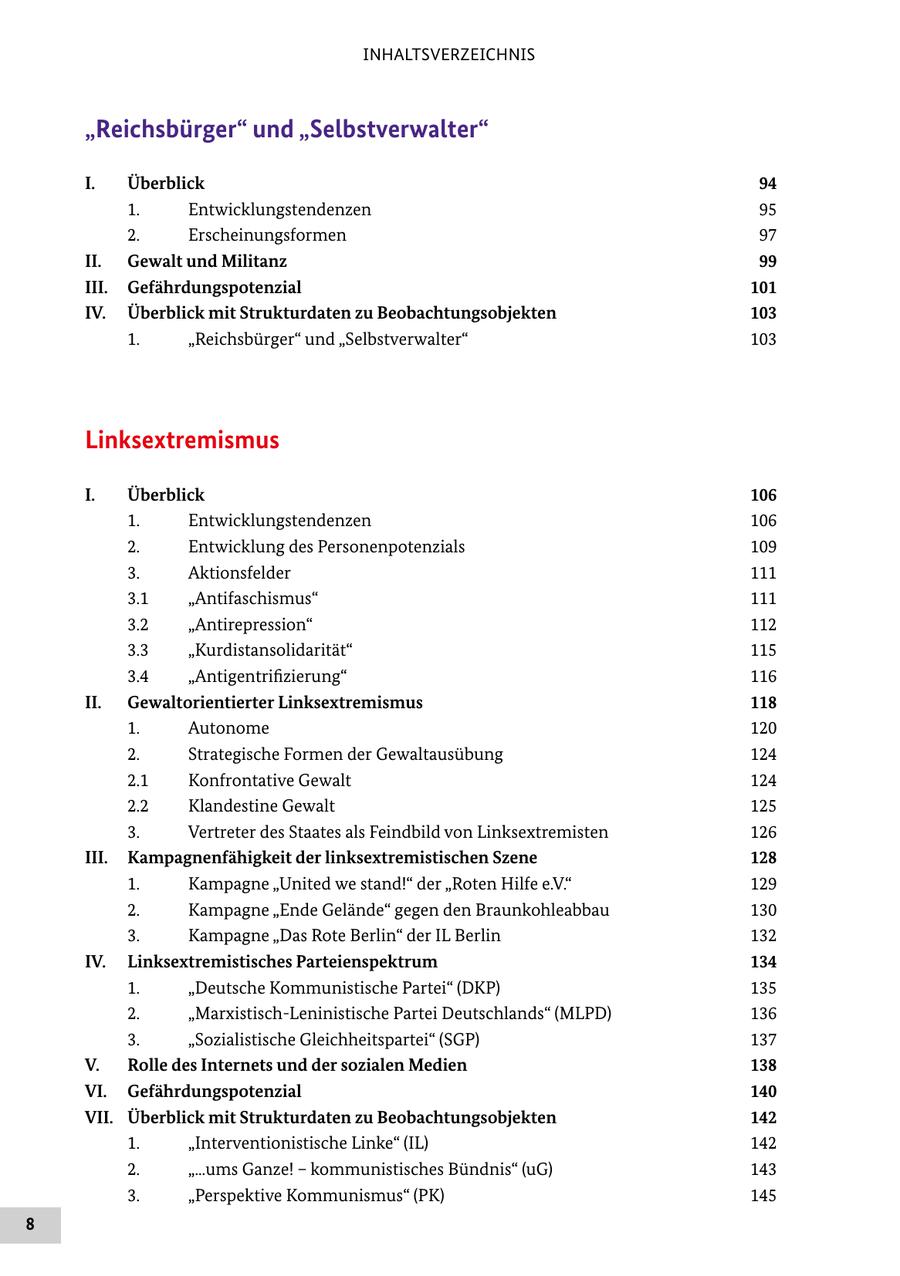 INHALTSVERZEICHNIS "Reichsbürger" und "Selbstverwalter" I. Überblick 94 1. Entwicklungstendenzen 95 2. Erscheinungsformen 97 II. Gewalt und Militanz 99 III. Gefährdungspotenzial 101 IV. Überblick mit Strukturdaten zu Beobachtungsobjekten 103 1. "Reichsbürger" und "Selbstverwalter" 103 Linksextremismus I. Überblick 106 1. Entwicklungstendenzen 106 2. Entwicklung des Personenpotenzials 109 3. Aktionsfelder 111 3.1 "Antifaschismus" 111 3.2 "Antirepression" 112 3.3 "Kurdistansolidarität" 115 3.4 "Antigentrifizierung" 116 II. Gewaltorientierter Linksextremismus 118 1. Autonome 120 2. Strategische Formen der Gewaltausübung 124 2.1 Konfrontative Gewalt 124 2.2 Klandestine Gewalt 125 3. Vertreter des Staates als Feindbild von Linksextremisten 126 III. Kampagnenfähigkeit der linksextremistischen Szene 128 1. Kampagne "United we stand!" der "Roten Hilfe e.V." 129 2. Kampagne "Ende Gelände" gegen den Braunkohleabbau 130 3. Kampagne "Das Rote Berlin" der IL Berlin 132 IV. Linksextremistisches Parteienspektrum 134 1. "Deutsche Kommunistische Partei" (DKP) 135 2. "Marxistisch-Leninistische Partei Deutschlands" (MLPD) 136 3. "Sozialistische Gleichheitspartei" (SGP) 137 V. Rolle des Internets und der sozialen Medien 138 VI. Gefährdungspotenzial 140 VII. Überblick mit Strukturdaten zu Beobachtungsobjekten 142 1. "Interventionistische Linke" (IL) 142 2. "...ums Ganze! - kommunistisches Bündnis" (uG) 143 3. "Perspektive Kommunismus" (PK) 145 8