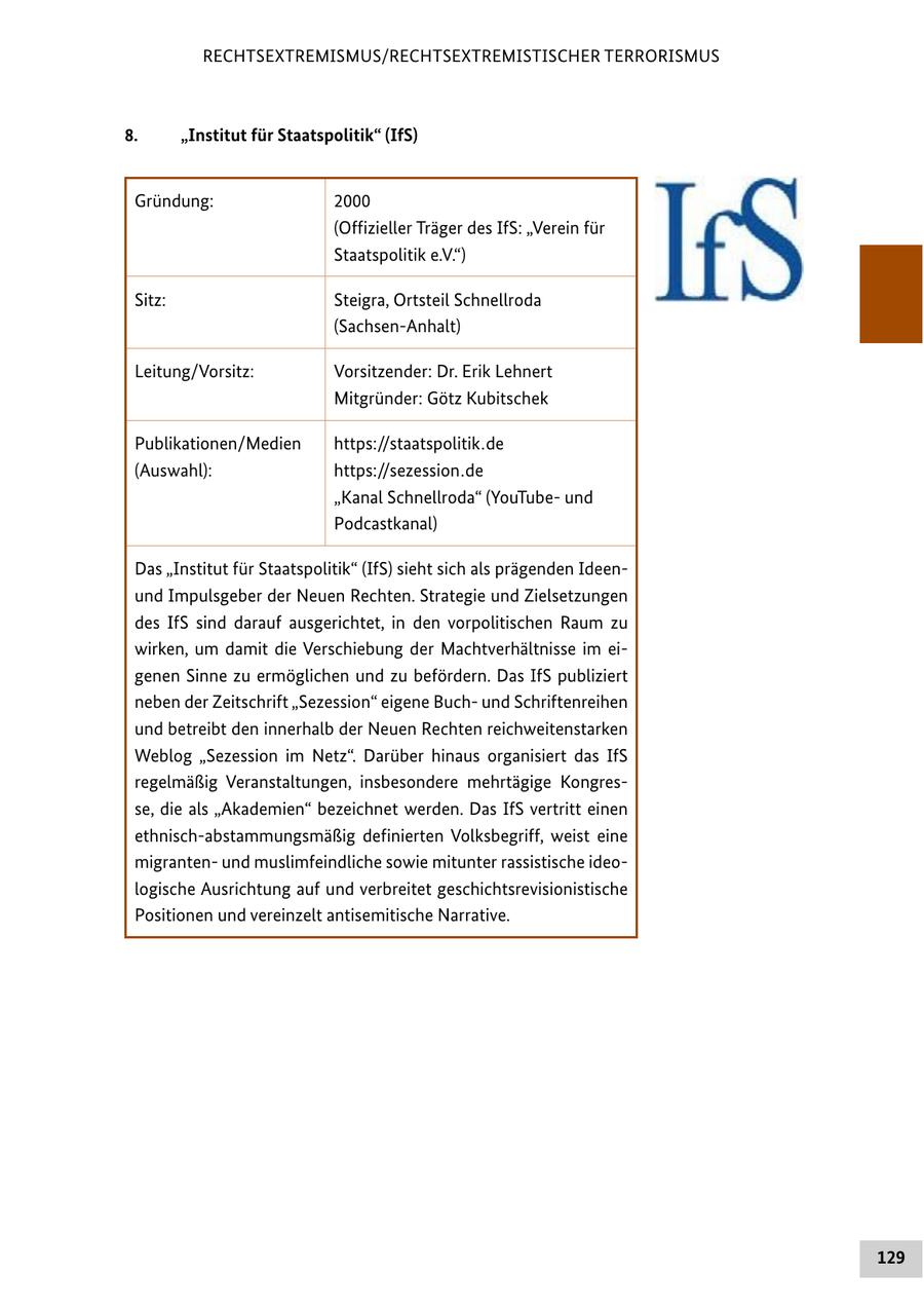 RECHTSEXTREMISMUS/RECHTSEXTREMISTISCHER TERRORISMUS 8. "Institut für Staatspolitik" (IfS) Gründung: 2000 (Offizieller Träger des IfS: "Verein für Staatspolitik e.V.") Sitz: Steigra, Ortsteil Schnellroda (Sachsen-Anhalt) Leitung/Vorsitz: Vorsitzender: Dr. Erik Lehnert Mitgründer: Götz Kubitschek Publikationen/Medien https://staatspolitik . de (Auswahl): https://sezession . de "Kanal Schnellroda" (YouTubeund Podcastkanal) Das "Institut für Staatspolitik" (IfS) sieht sich als prägenden Ideenund Impulsgeber der Neuen Rechten. Strategie und Zielsetzungen des IfS sind darauf ausgerichtet, in den vorpolitischen Raum zu wirken, um damit die Verschiebung der Machtverhältnisse im eigenen Sinne zu ermöglichen und zu befördern. Das IfS publiziert neben der Zeitschrift "Sezession" eigene Buchund Schriftenreihen und betreibt den innerhalb der Neuen Rechten reichweitenstarken Weblog "Sezession im Netz". Darüber hinaus organisiert das IfS regelmäßig Veranstaltungen, insbesondere mehrtägige Kongresse, die als "Akademien" bezeichnet werden. Das IfS vertritt einen ethnisch-abstammungsmäßig definierten Volksbegriff, weist eine migrantenund muslimfeindliche sowie mitunter rassistische ideologische Ausrichtung auf und verbreitet geschichtsrevisionistische Positionen und vereinzelt antisemitische Narrative. 129